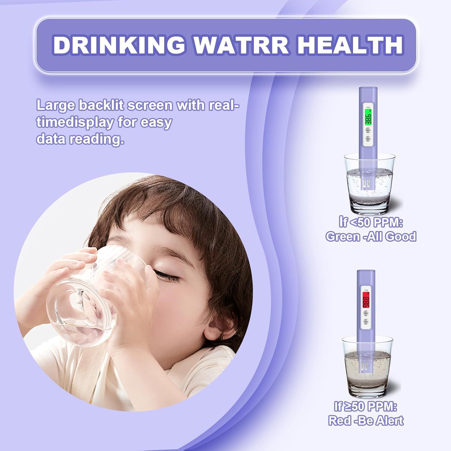 Highlights the product's large backlit screen with real-time display for easy data reading, reassuring shoppers that monitoring drinking water health is…