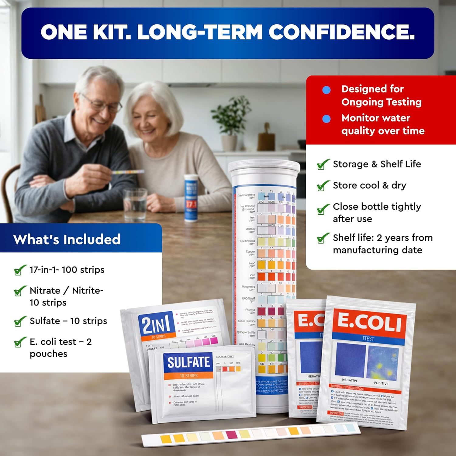 Shows everything included in the water testing kit to help shoppers understand the complete package they will receive and reassure them of the kit's comprehensiveness for long-term water quality…