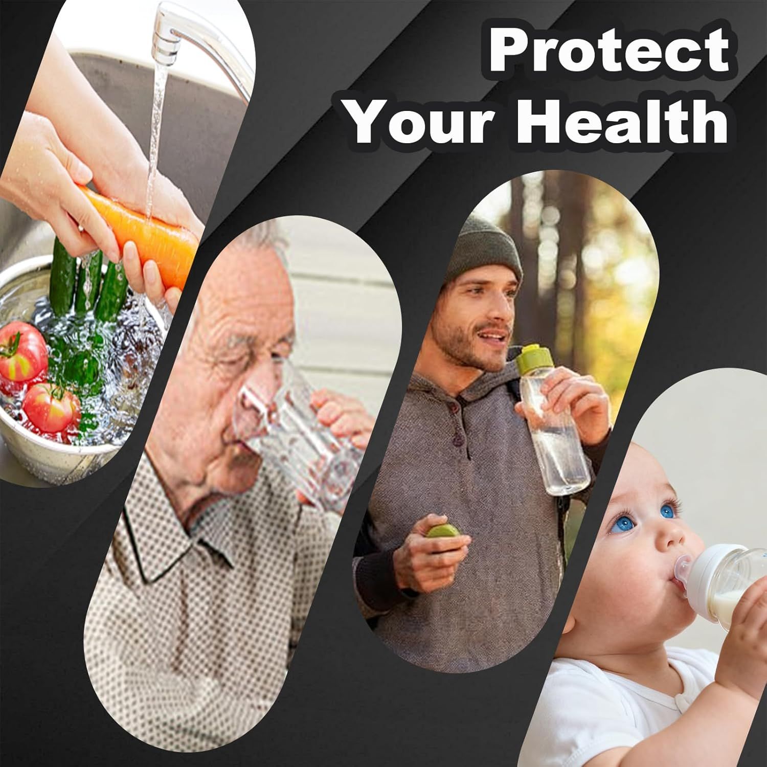 Demonstrates the product's versatility by showing it can be used across multiple scenarios and demographics—washing produce, drinking water for seniors, active adults, and infants—to communicate…
