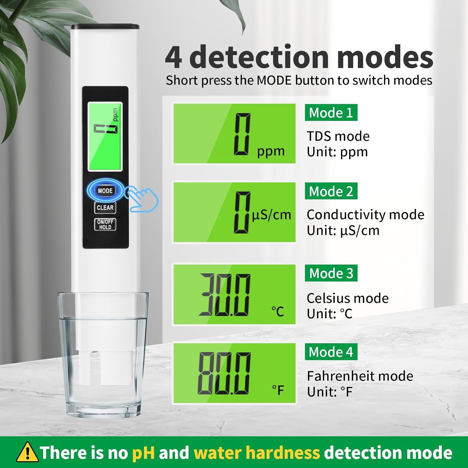 Demonstrates the product's versatility by showcasing four distinct detection modes, reassuring shoppers that this single device can measure multiple water…