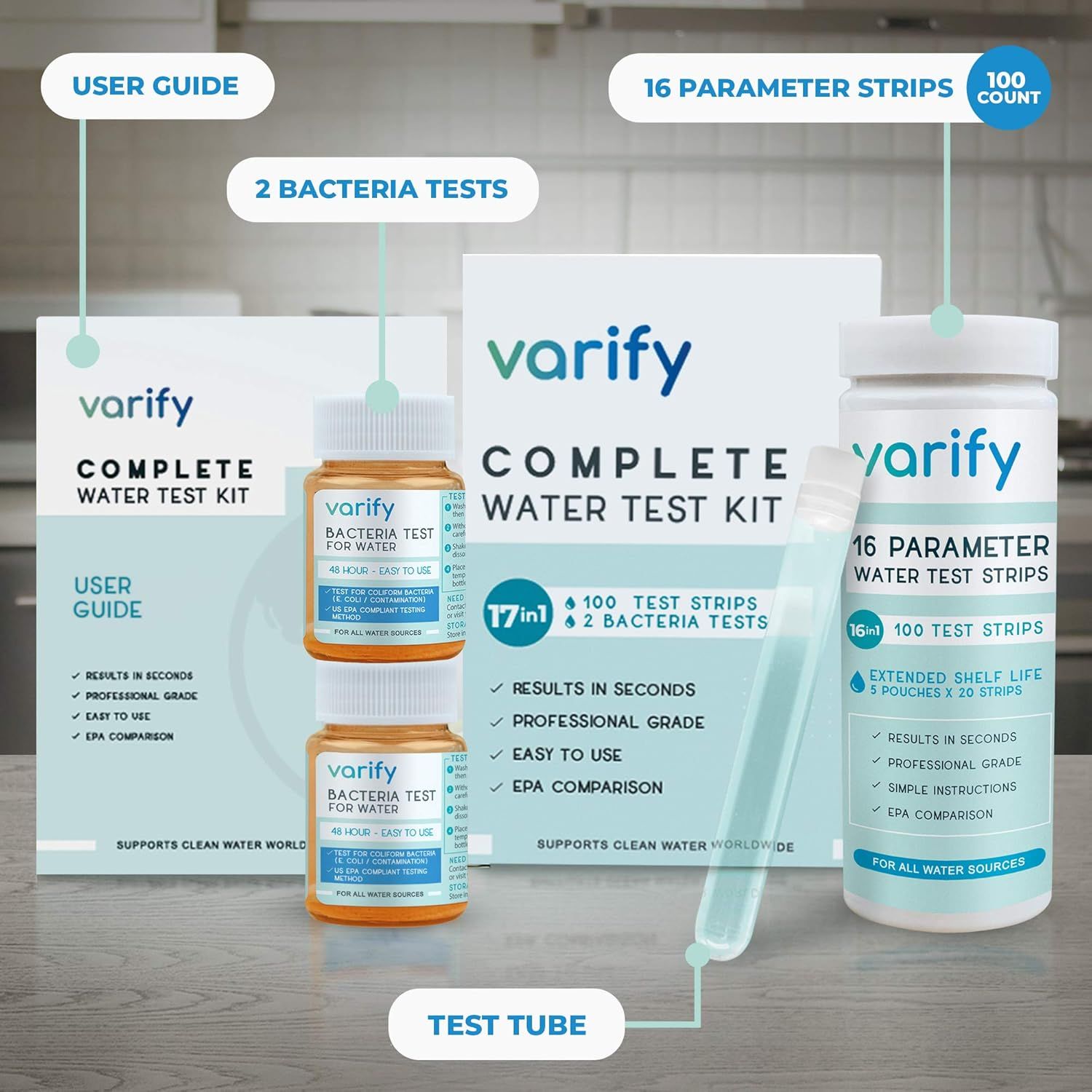 Shows all items included in the complete water test kit package, helping shoppers understand exactly what they will receive: user guide, bacteria tests, parameter strips, and test tube.