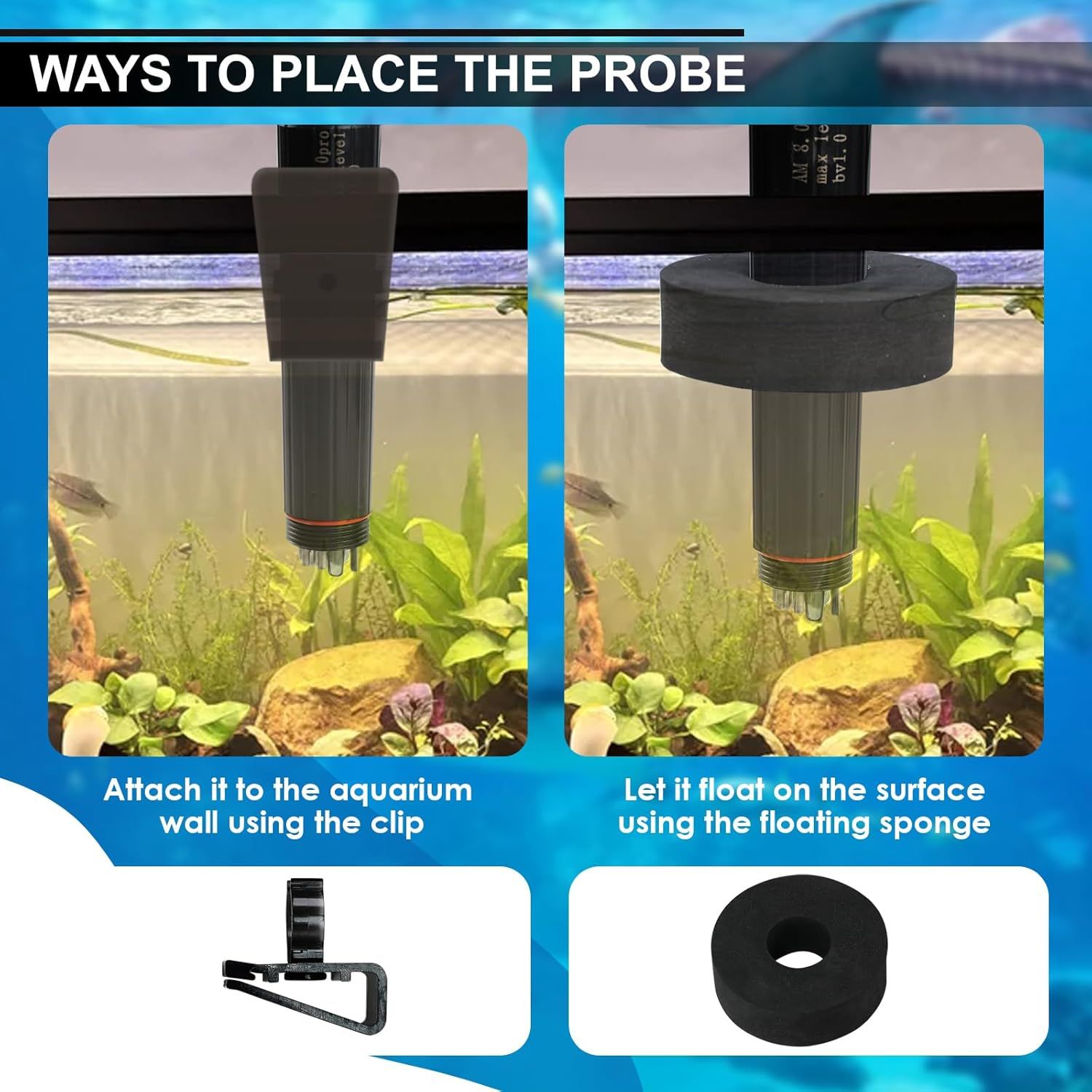 Demonstrates two different ways to install and position the aquarium probe, giving shoppers flexibility and clear setup guidance. Shows the product can be used in multiple configurations within an…