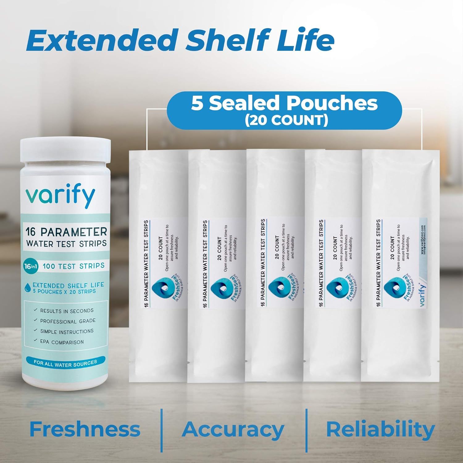 Shows what the customer receives in the package: a bottle of 100 test strips organized into 5 sealed pouches of 20 strips each, emphasizing freshness and organization. Highlights multiple key…
