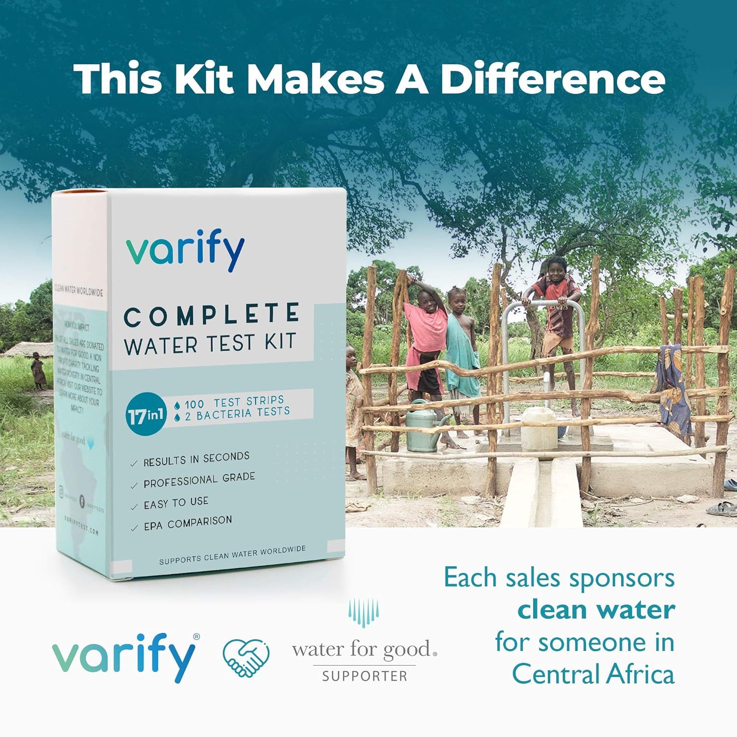 Communicates the brand's social mission and partnership with Water for Good, showing that each purchase supports clean water access in Central Africa to build emotional connection and brand trust.