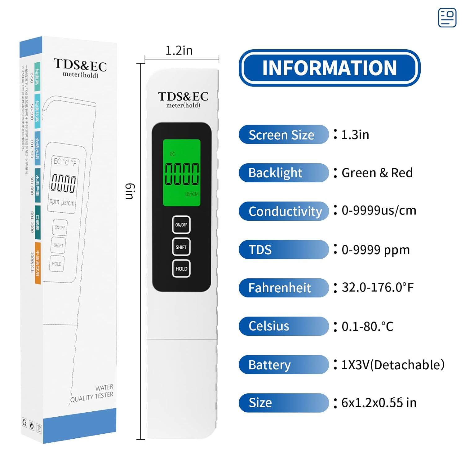 Provides comprehensive technical specifications and features of the water quality tester to help shoppers understand the device's capabilities and measurement ranges.