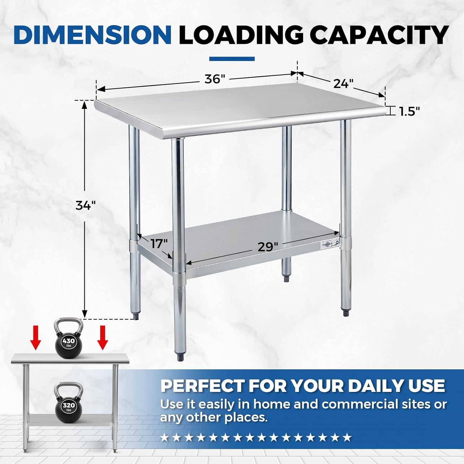 Communicates the exact physical dimensions of the table (36" x 24" x 34" with shelf measurements) and its loading capacity (430 lbs top, 320 lbs bottom shelf) to help shoppers understand the size…