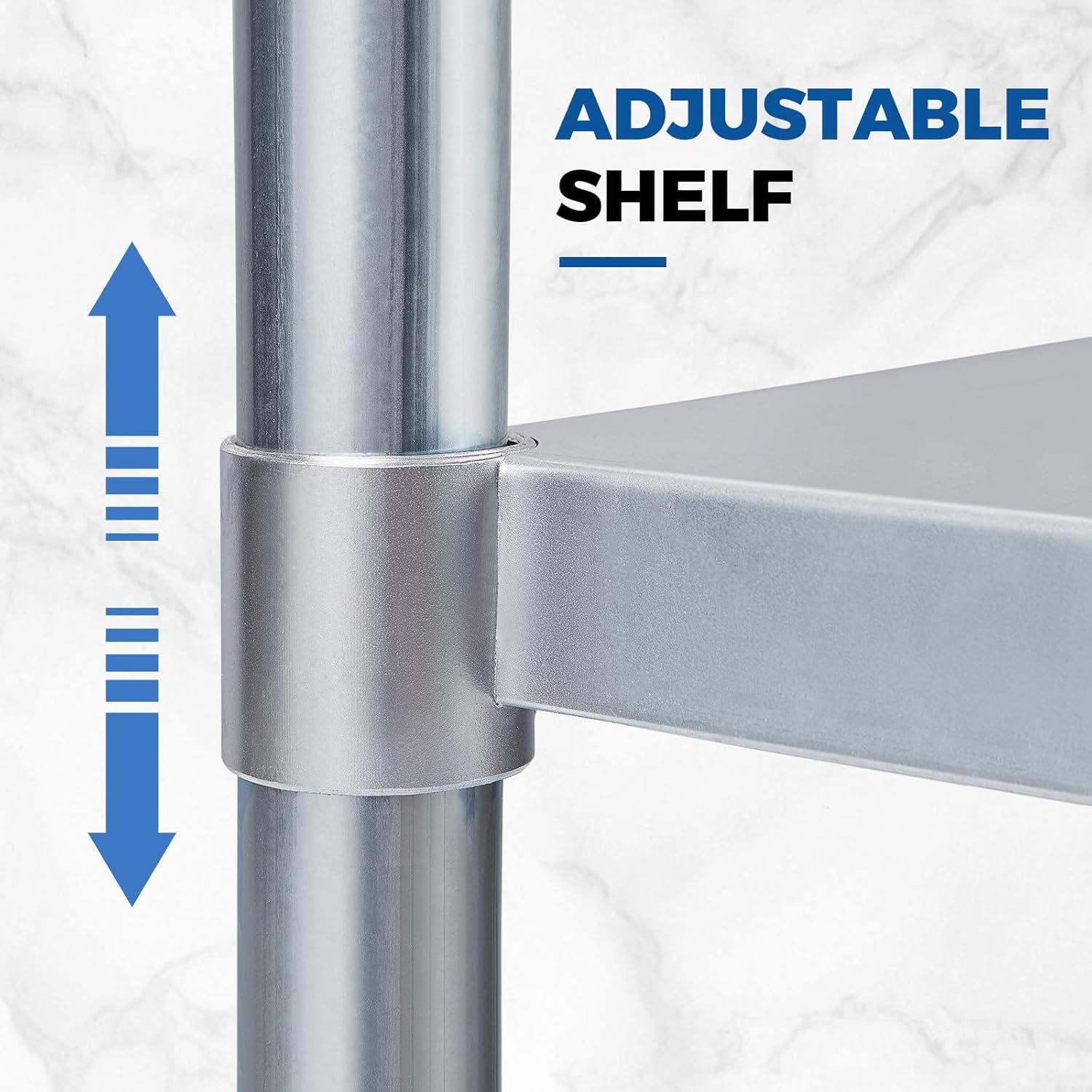 Highlights the adjustable shelf feature by showing the physical mechanism that allows the shelf to move up and down on the pole, reassuring shoppers of customizable storage flexibility. Communicates…