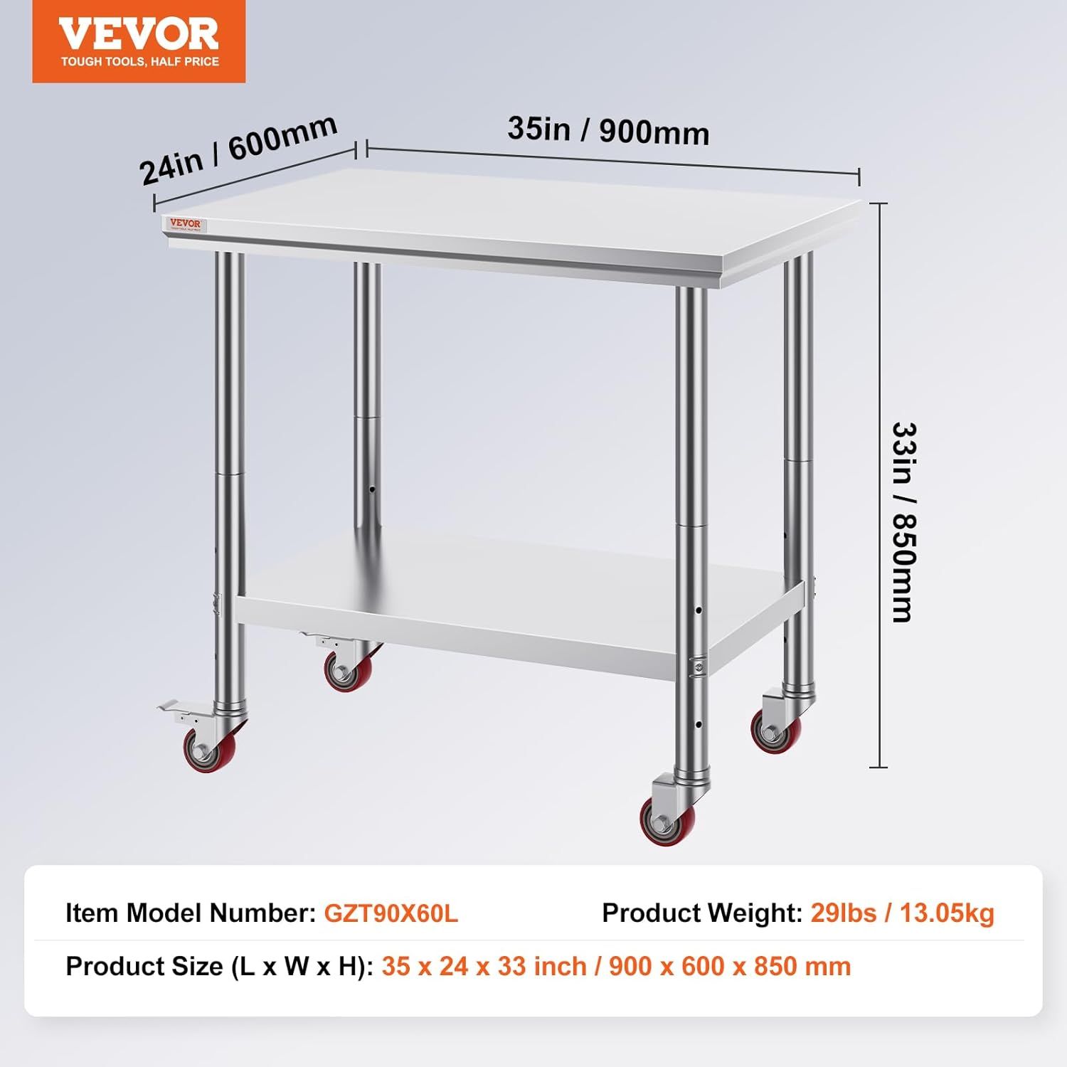 Communicates the exact physical dimensions (35 x 24 x 33 inches) and weight (29 lbs) of the work table to help shoppers understand if it will fit their space and mobility needs.