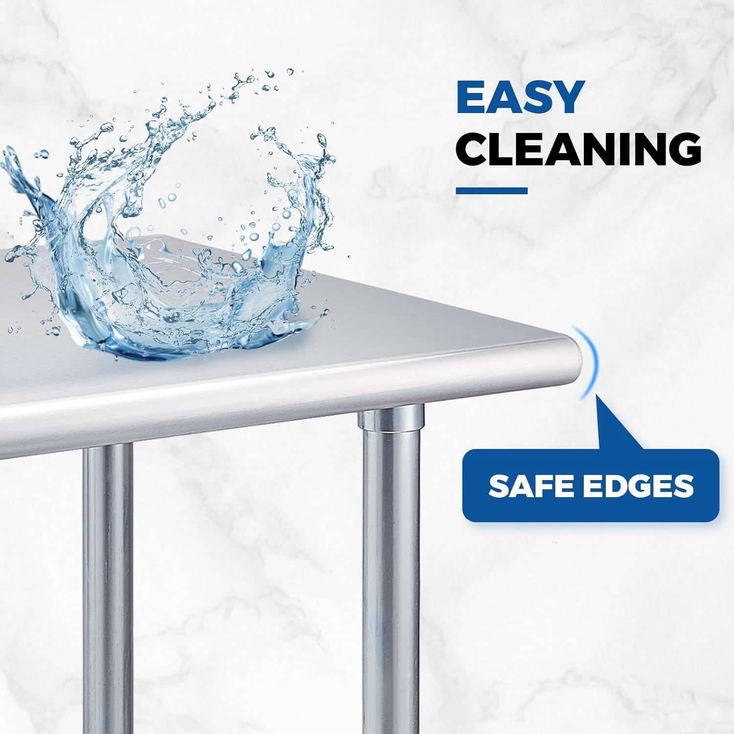 Communicates two distinct product benefits: the table is easy to clean (shown with water splash) and features safe rounded edges for safety.
