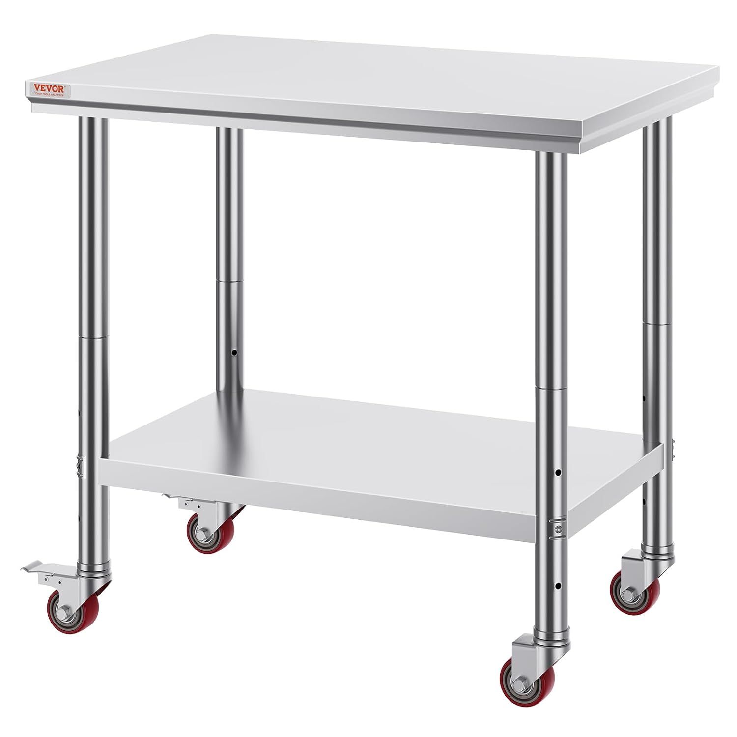 Provides a clear, unobstructed view of the stainless steel work table with wheels and adjustable legs, allowing shoppers to see the product's construction and design without distractions.