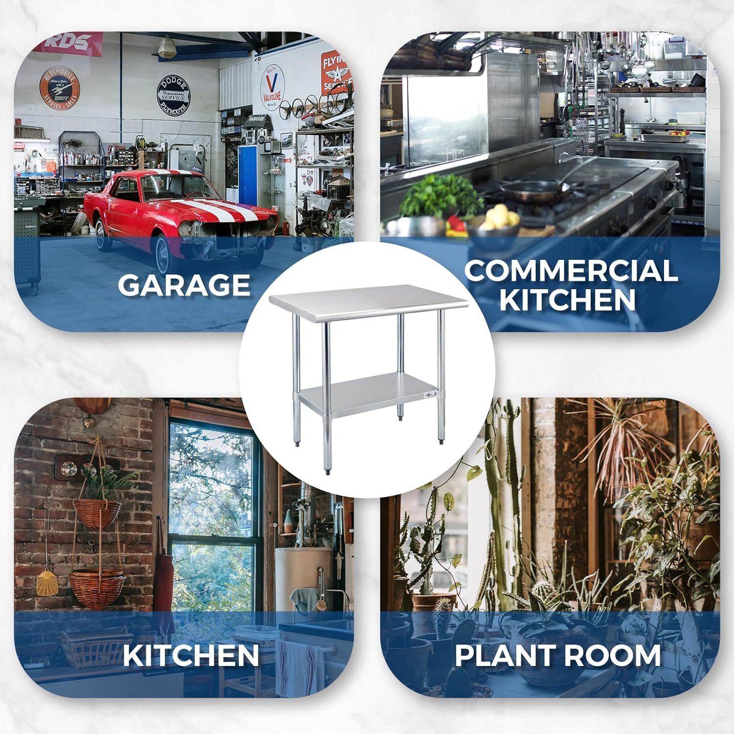 Demonstrates the product's versatility by showing it can be used in multiple environments including garages, commercial kitchens, home kitchens, and plant rooms, reassuring shoppers of its wide…