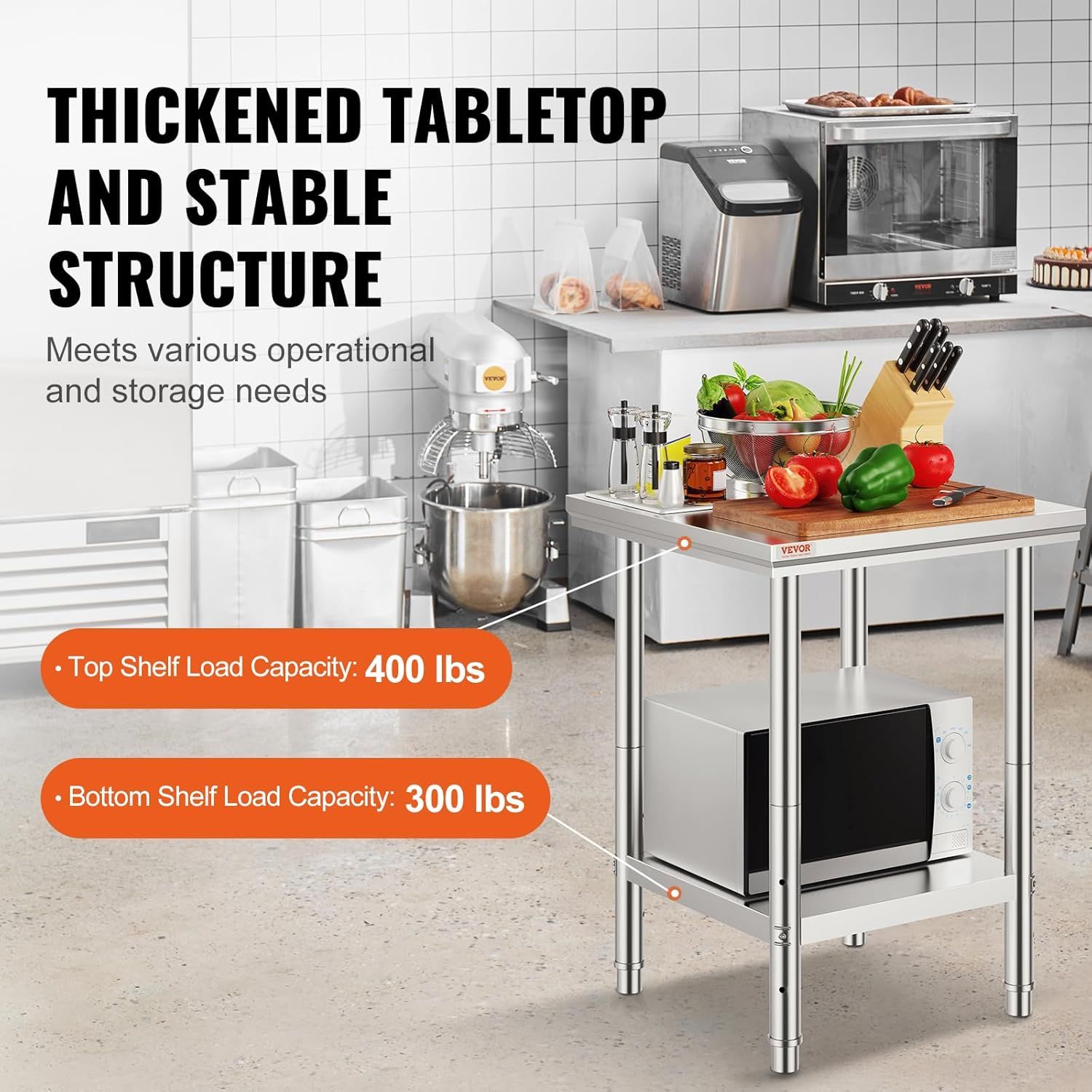 Communicates the weight capacity of the table's shelves (400 lbs top, 300 lbs bottom) to reassure shoppers of its durability and ability to support heavy kitchen equipment. Highlights the thickened…