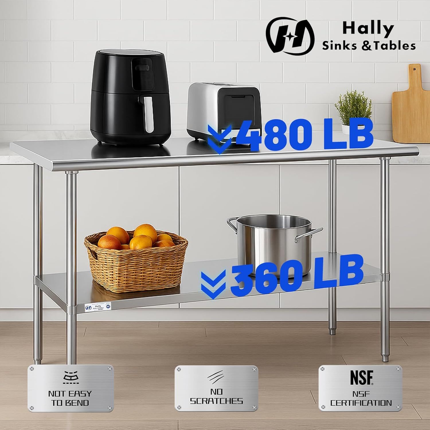 Communicates the table's impressive weight capacity (480 LB top shelf, 360 LB bottom shelf) to reassure shoppers of its durability and strength for heavy kitchen equipment and supplies. Highlights…
