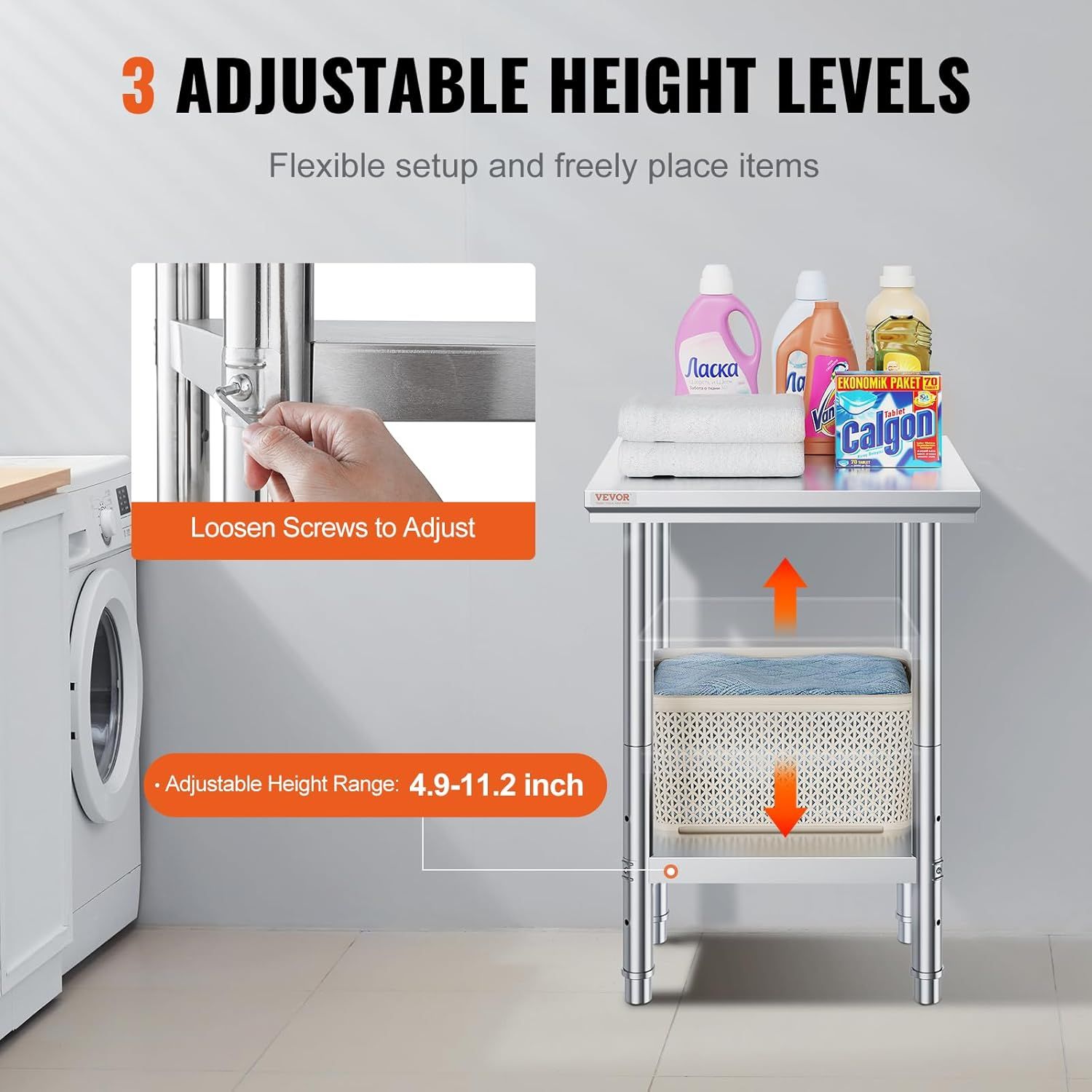 Demonstrates how to adjust the shelf height by loosening screws, reassuring shoppers that the product offers flexible customization for their storage needs. Highlights the key benefit of adjustable…