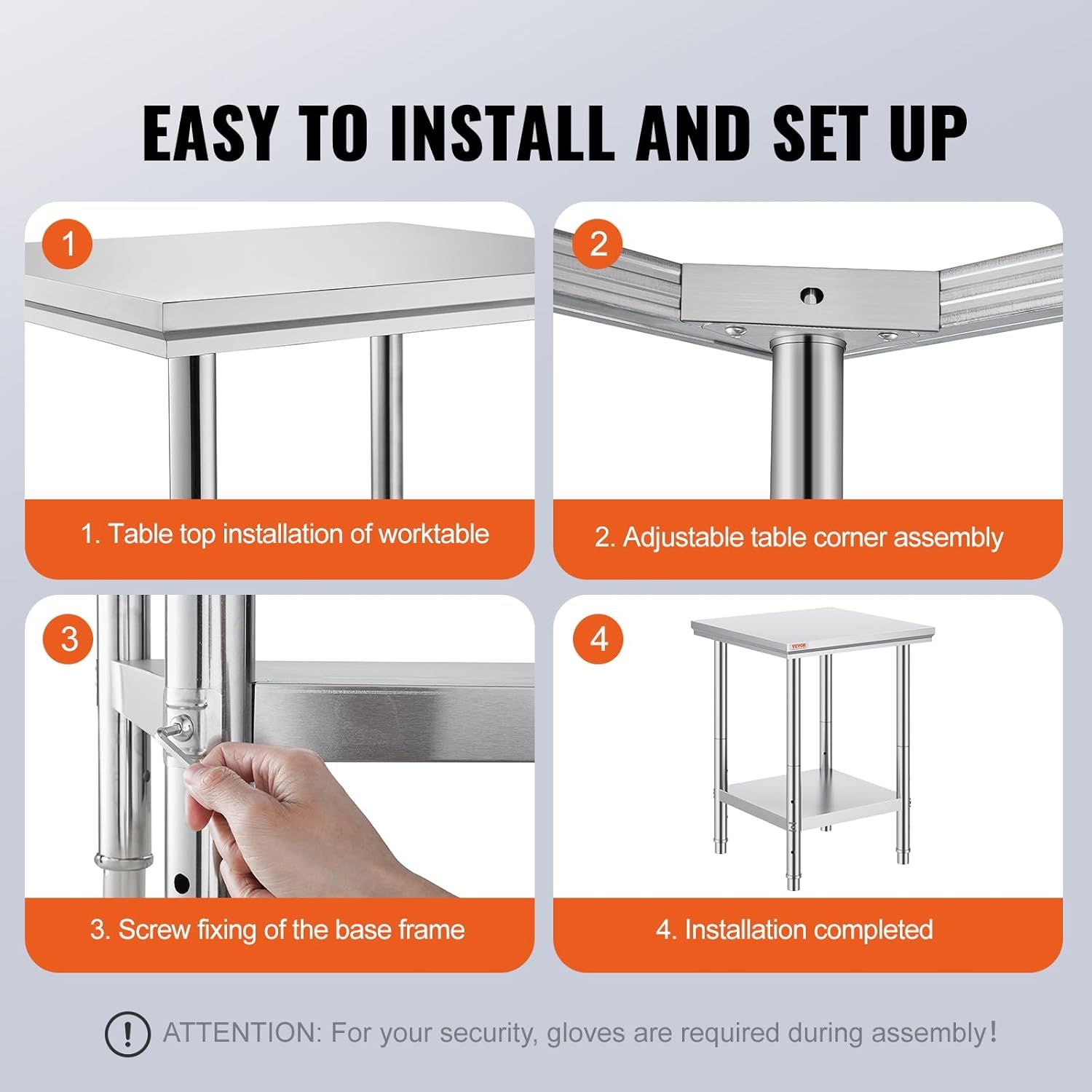 Demonstrates the simple 4-step installation process for the worktable to reassure shoppers that assembly is straightforward and manageable. Highlights the ease of installation as a key benefit to…