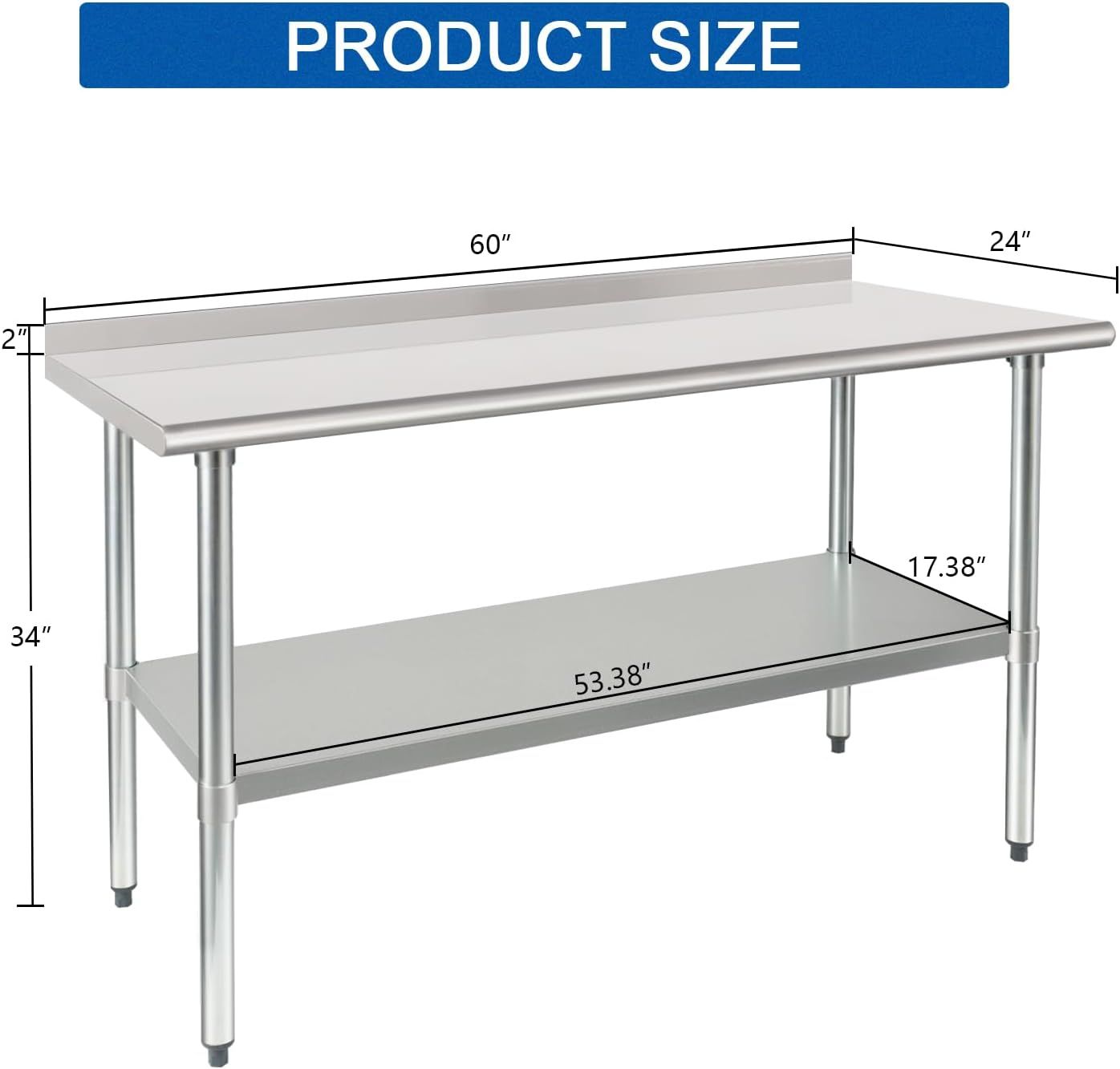Communicates the exact physical dimensions of the work table (60" x 24" x 34" with additional measurements for shelves and backsplash) to help shoppers determine if it fits their space.