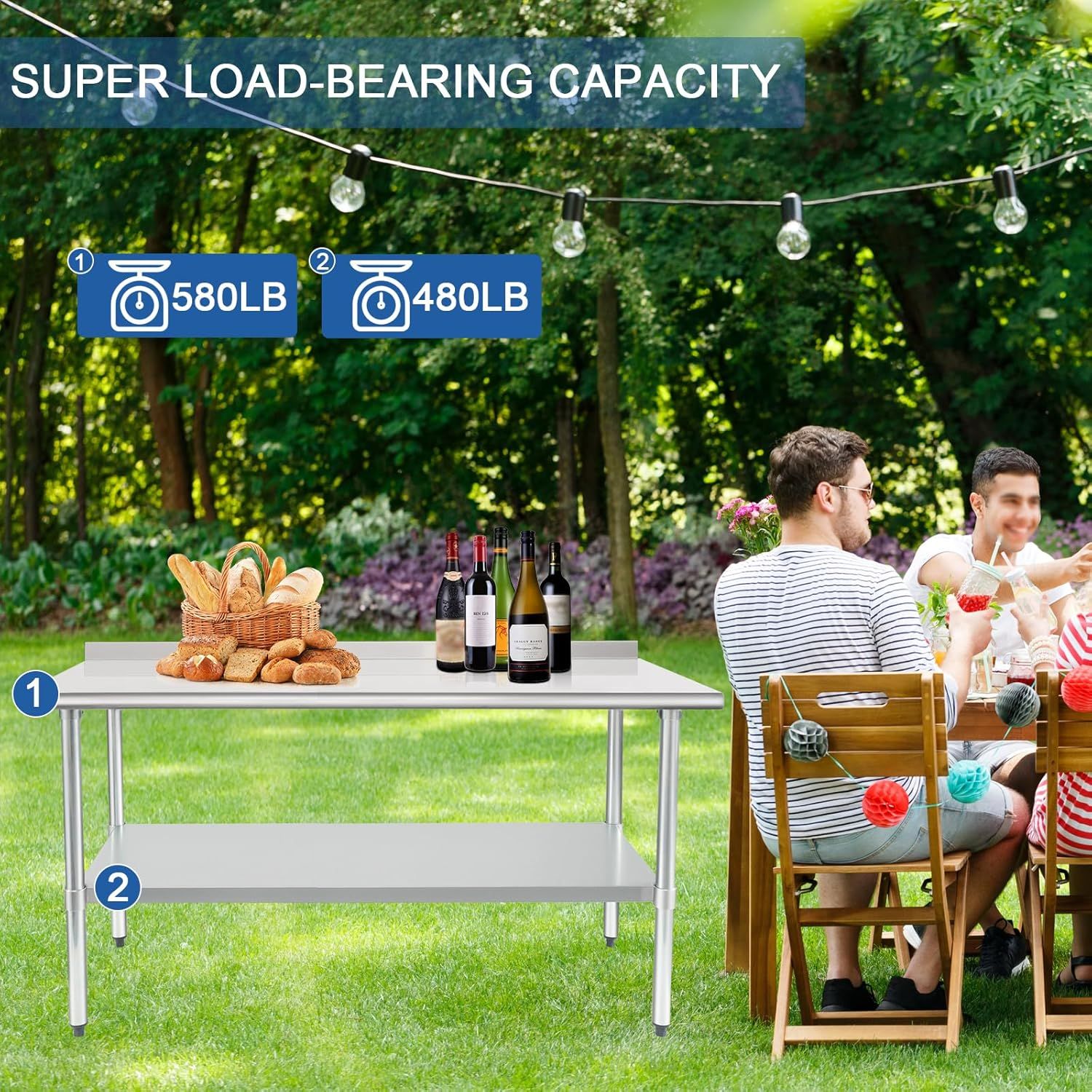 Communicates the product's impressive weight capacity (580LB and 480LB for different components) to reassure shoppers that the table is sturdy and can handle heavy loads during outdoor gatherings.…
