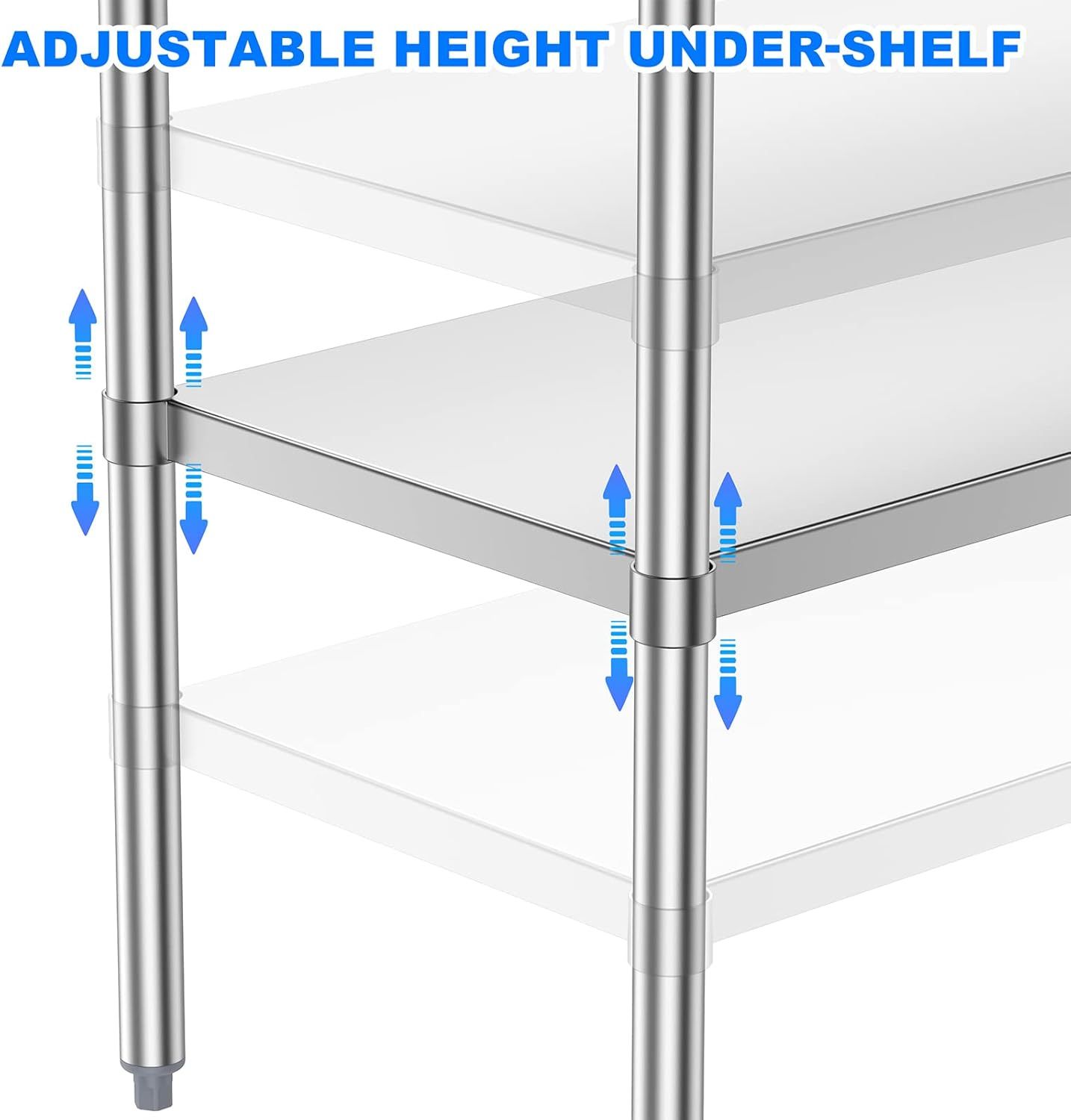Demonstrates the adjustable height feature of the under-shelf by highlighting the telescoping leg mechanism with directional arrows, showing shoppers how the shelves can be customized to fit their…