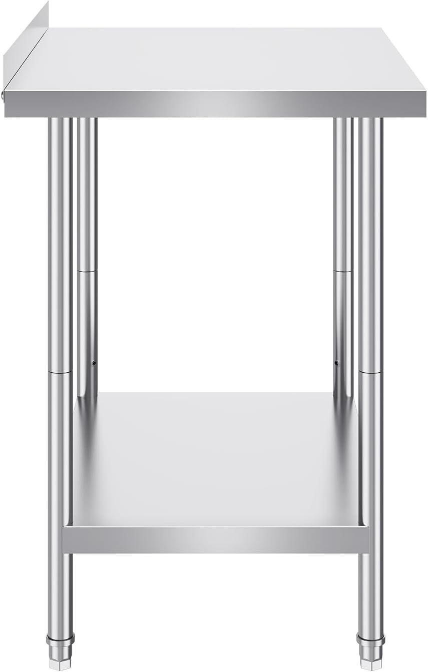 Provides a clear, unobstructed view of the stainless steel work table's structure, including its canopy top, adjustable legs, and lower shelf storage, allowing shoppers to see the product's design…