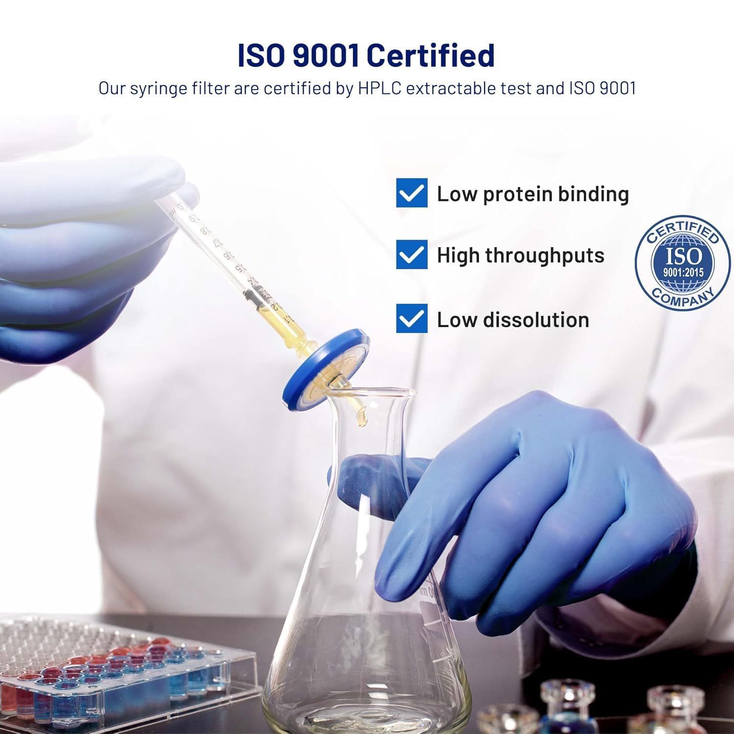 Communicates that the syringe filter is certified to ISO 9001 quality standards and tested by HPLC, reassuring shoppers of product safety, quality, and regulatory compliance. Highlights three…