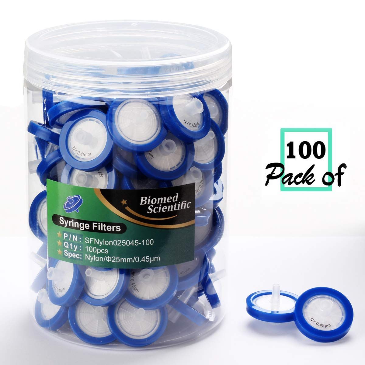 Shows the customer exactly what they receive in the package—a bulk container of 100 syringe filters with detailed product specifications visible on the label.