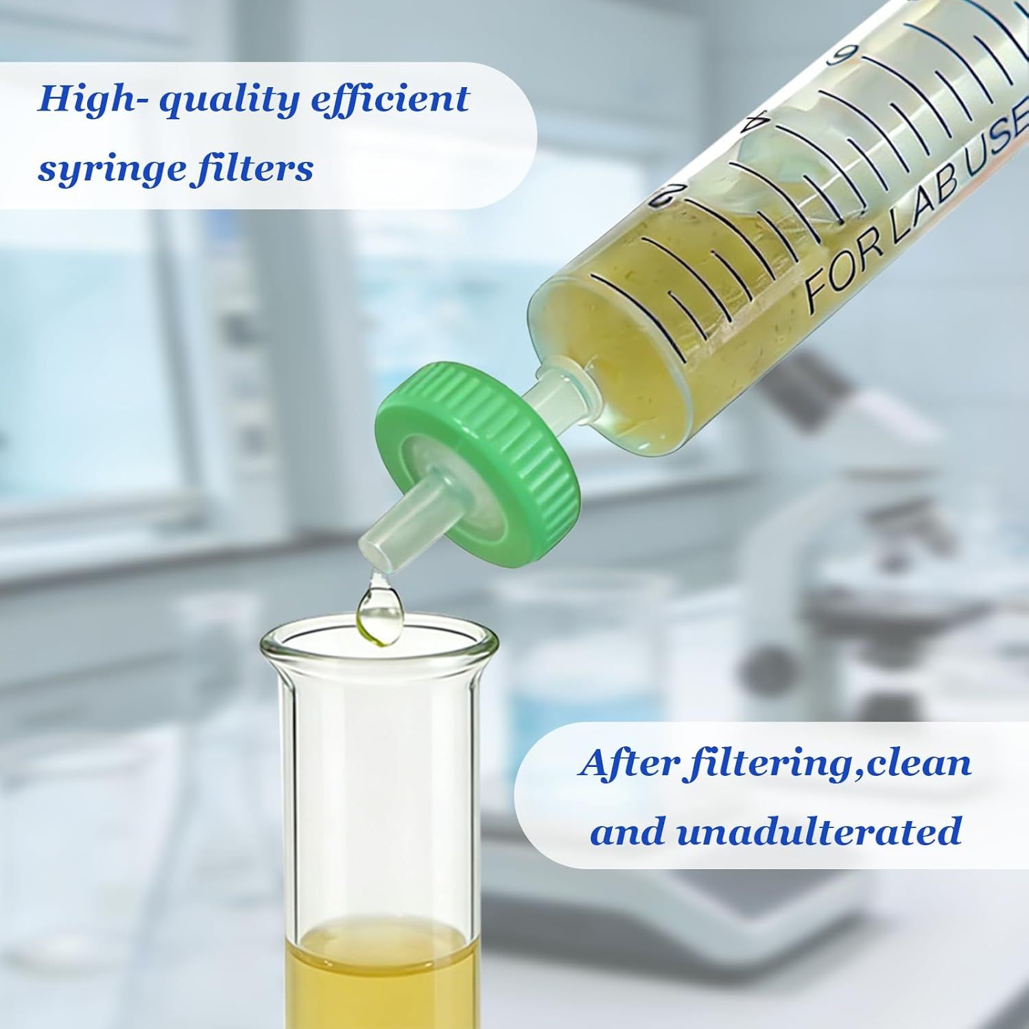 Demonstrates the effectiveness of the syringe filter by showing the transformation from unfiltered to clean, unadulterated liquid, proving the product's filtration capability.