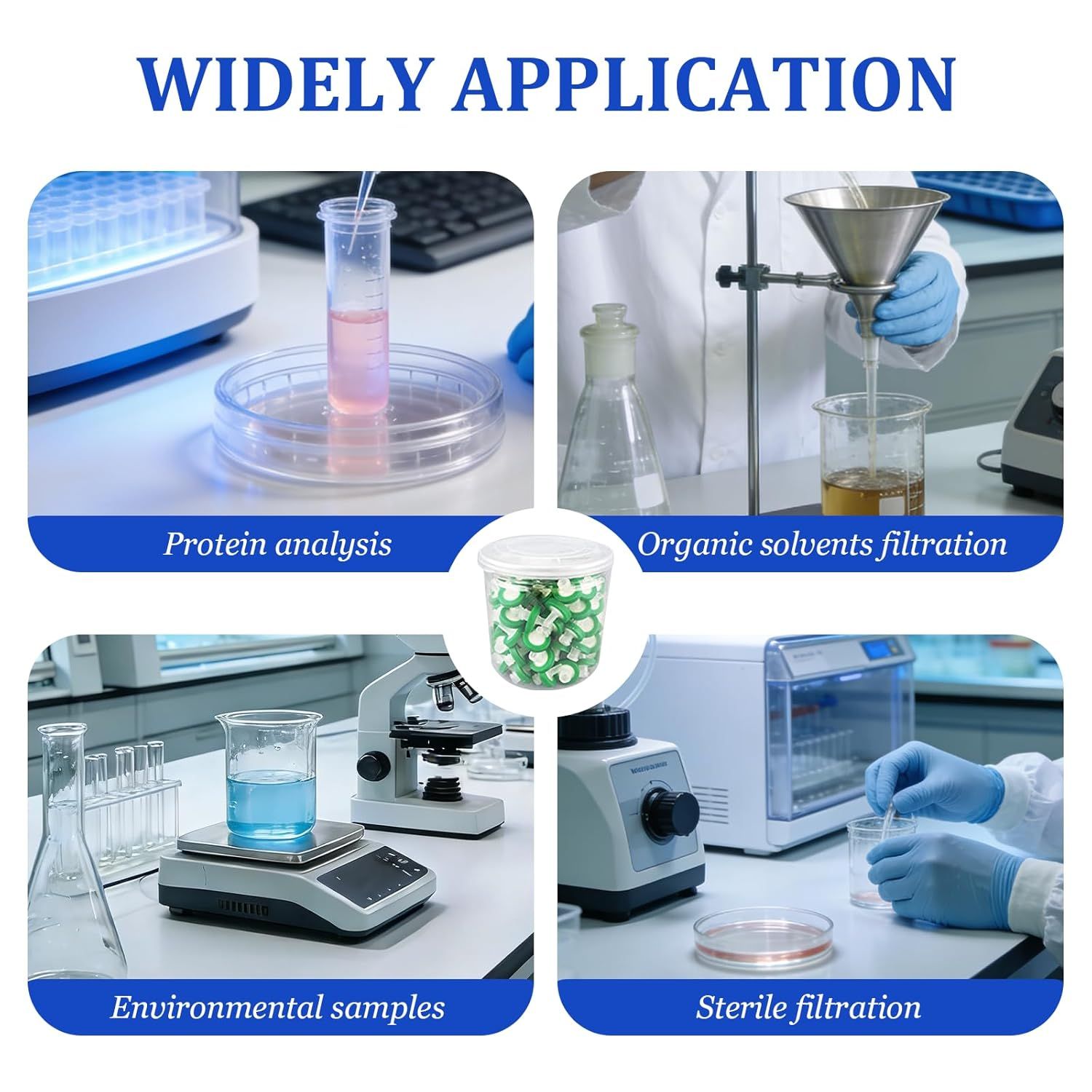 Demonstrates the product's versatility by showing four distinct laboratory use cases, reassuring buyers that it can be used across multiple scientific applications.