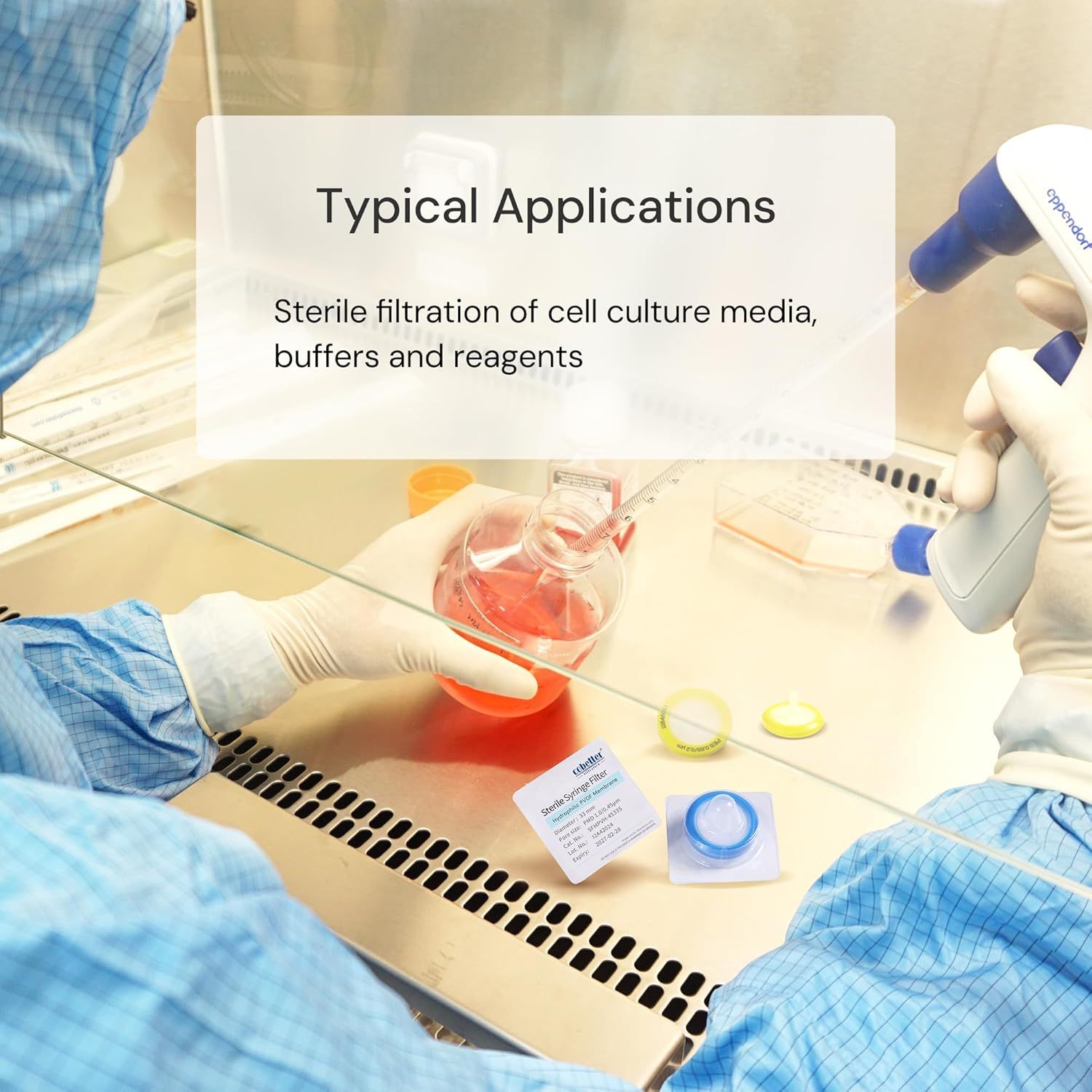 Demonstrates the typical laboratory applications for this filtration product, specifically highlighting its use in sterile filtration of cell culture media, buffers, and reagents to communicate its…