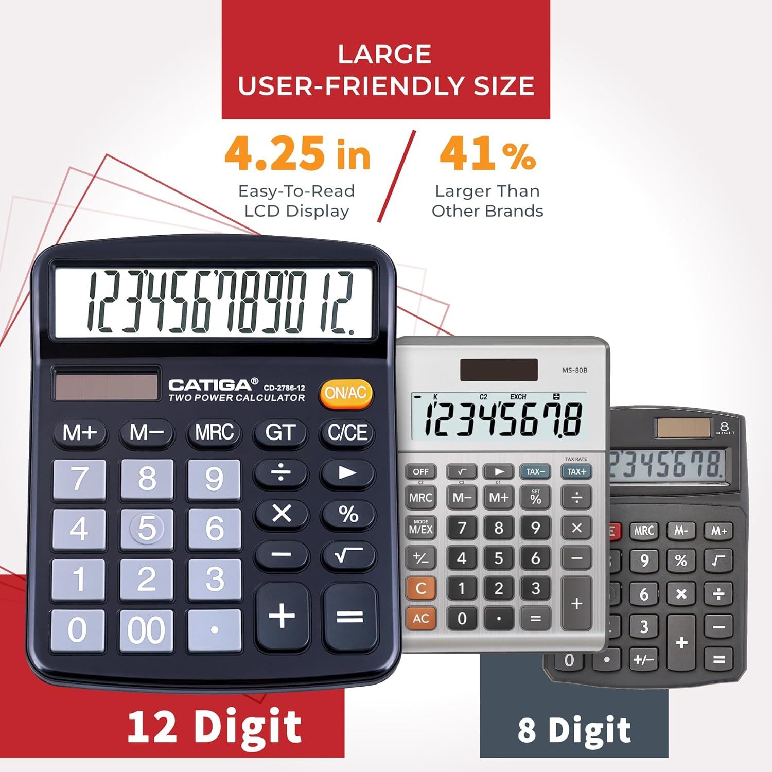 Demonstrates that this calculator has a significantly larger 4.25-inch display that is 41% bigger than competing brands, making it easier to read and more user-friendly. Highlights the quantifiable…