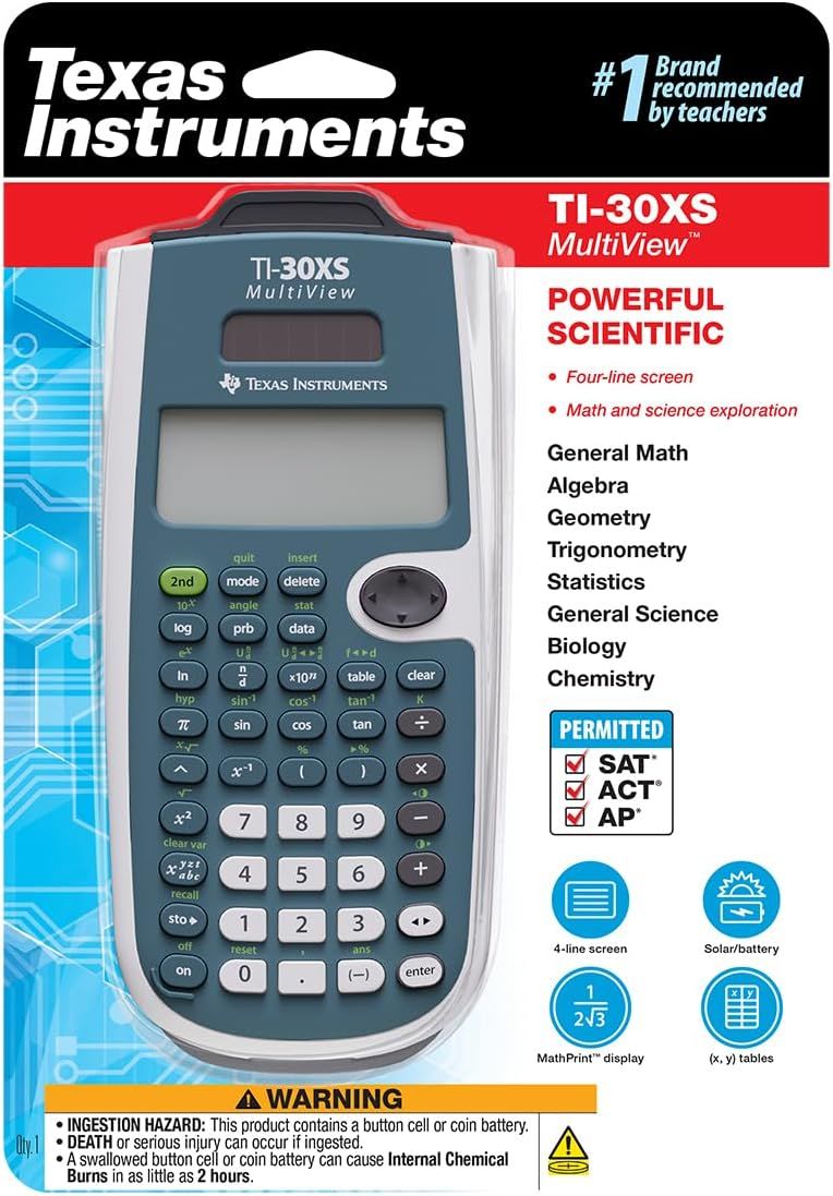 Communicates the calculator's comprehensive capabilities across multiple academic subjects and standardized tests, highlighting key features like the four-line screen, test permissions, and various…