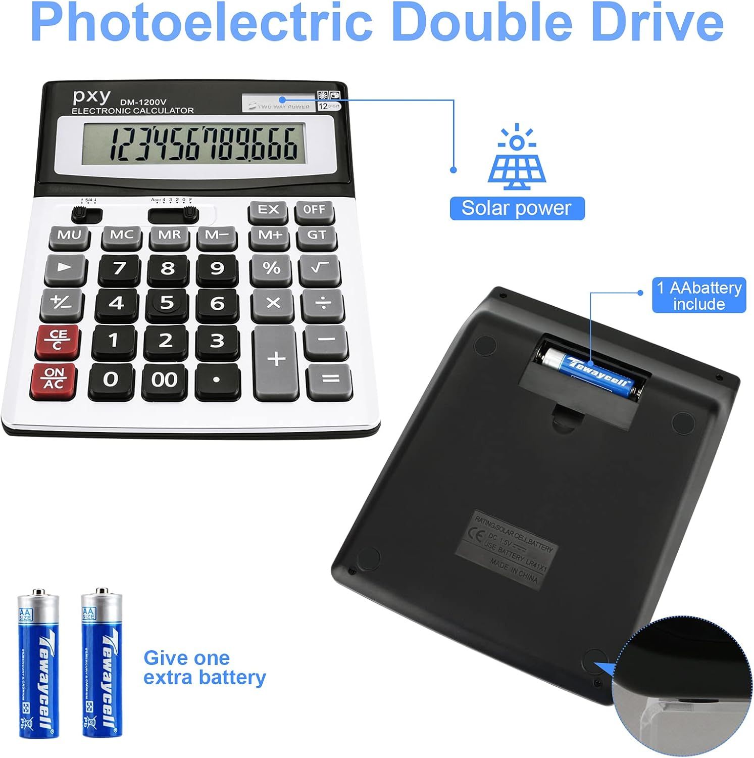 Communicates that the calculator offers flexible power options with both solar and battery backup, ensuring reliability and convenience.