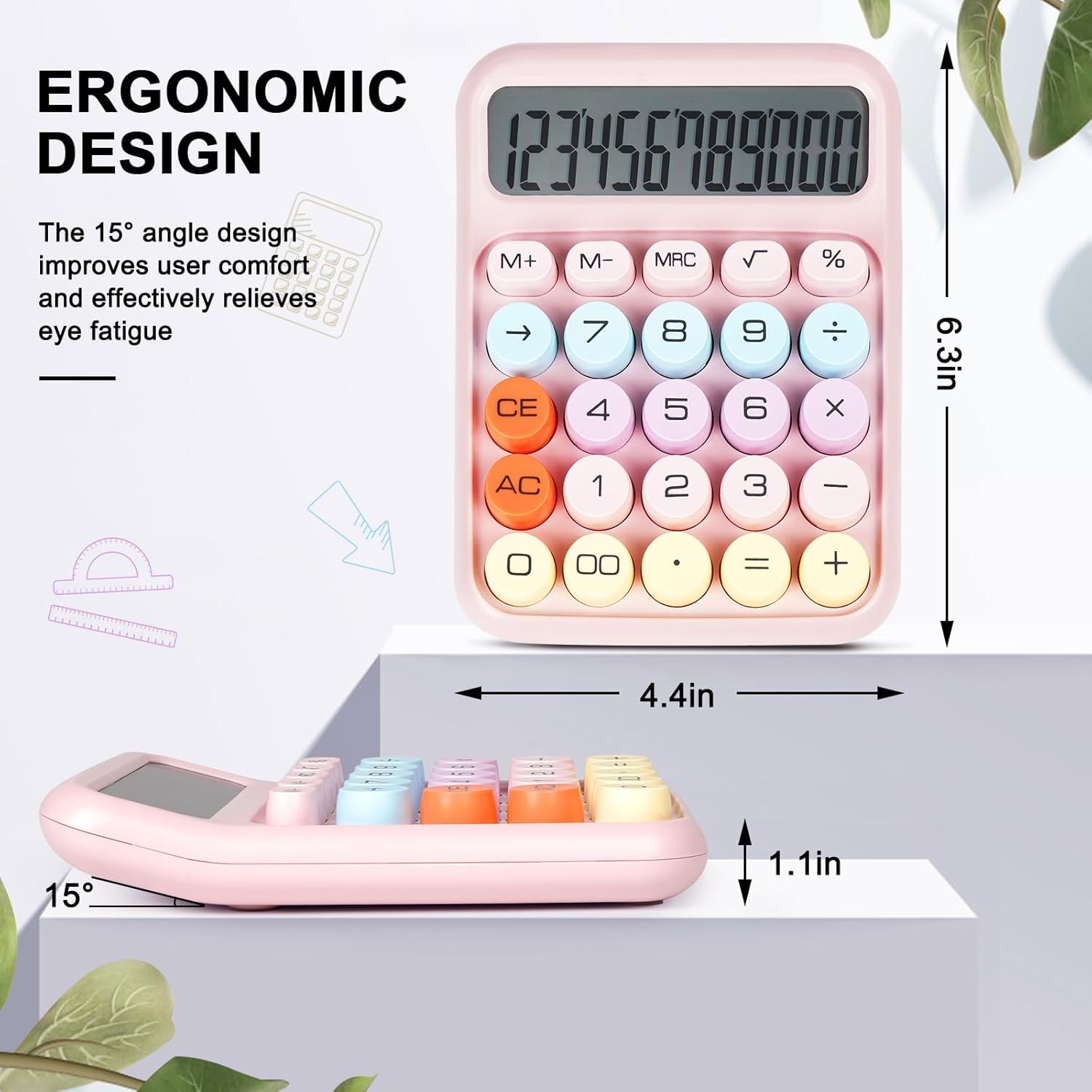 Communicates the exact physical dimensions of the calculator (6.3in x 4.4in x 1.1in) and highlights the ergonomic 15° angle design that improves comfort and reduces eye fatigue. Emphasizes the…
