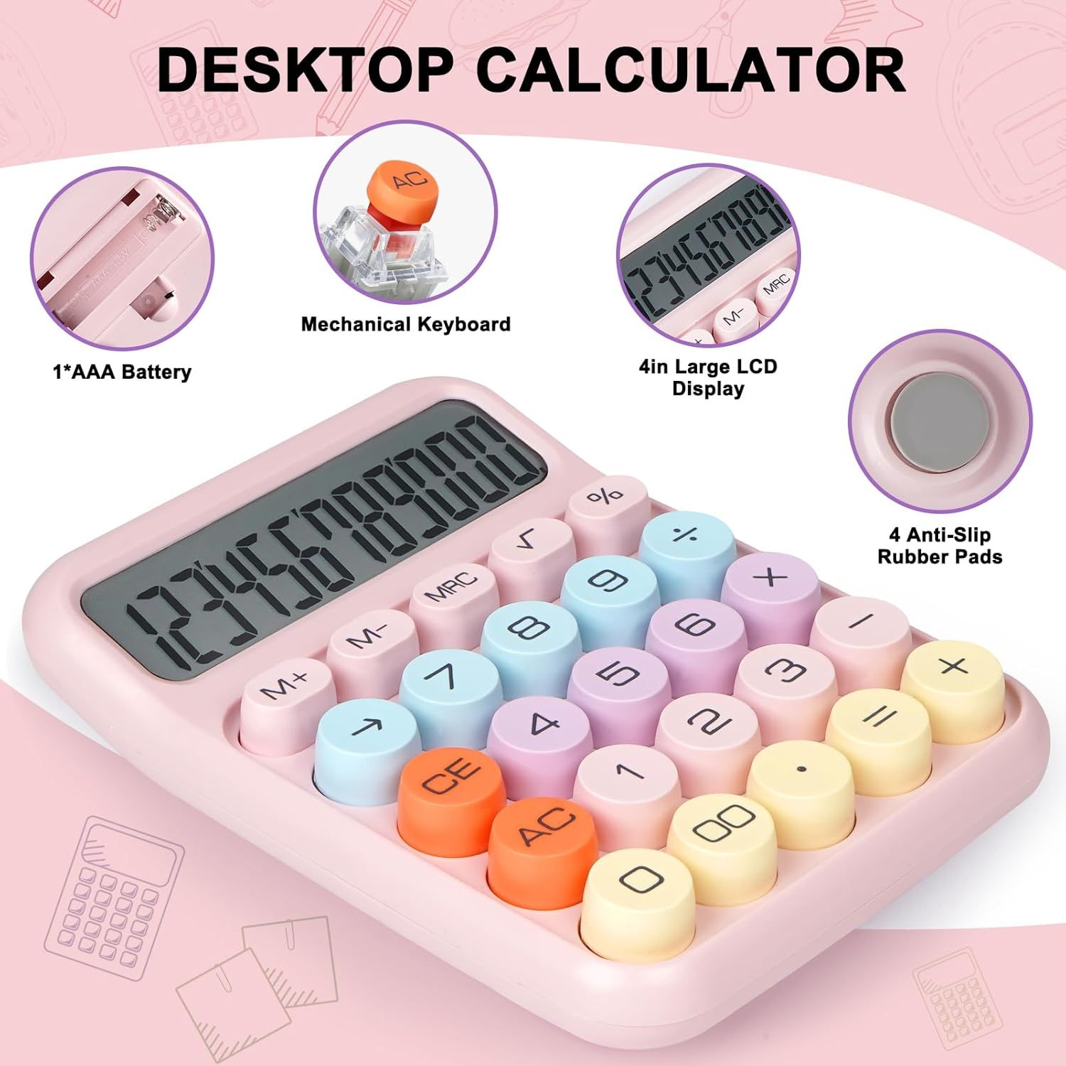 Highlights multiple distinct features of the desktop calculator in a segmented layout to communicate its quality construction, ease of use, and practical…