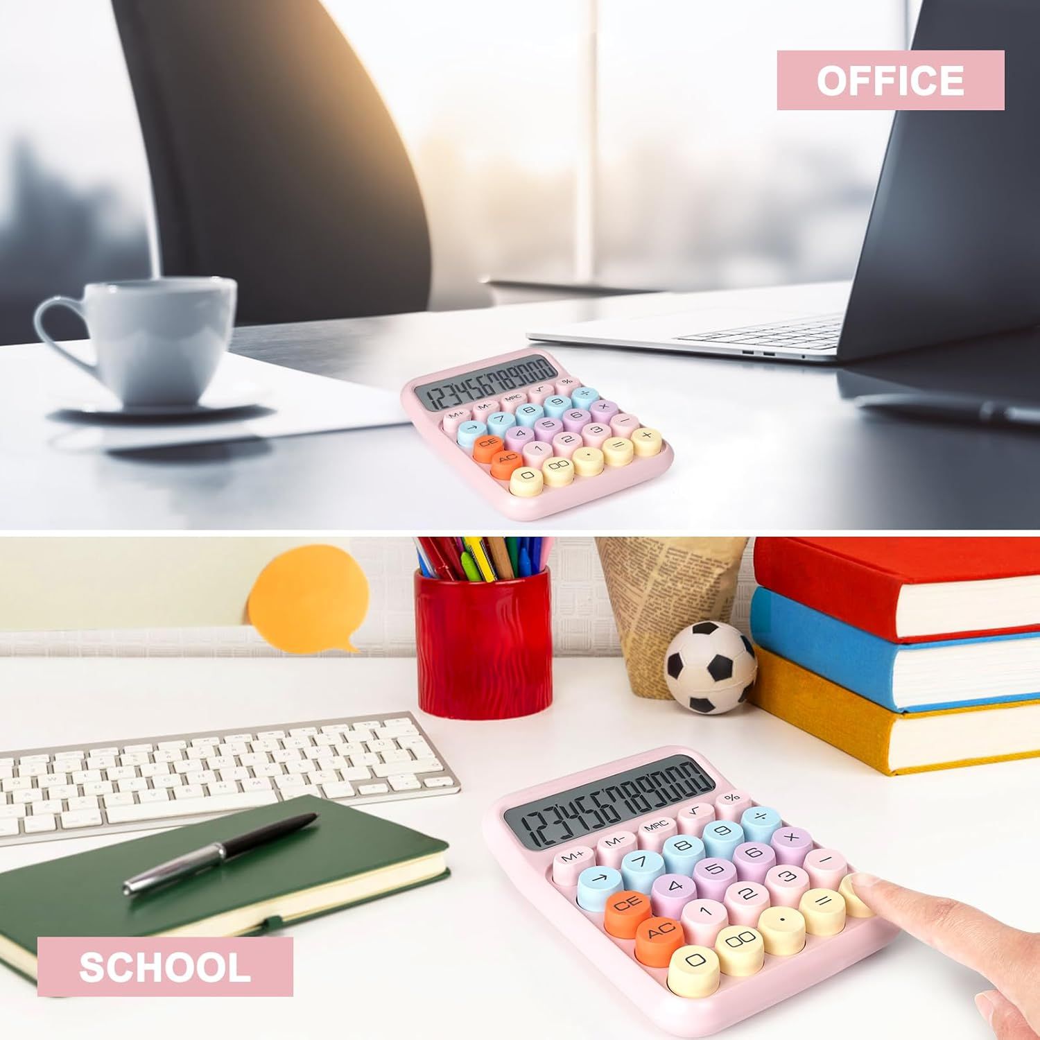 Demonstrates the calculator's versatility by showing it in two distinct use environments—office and school—to communicate that it's suitable for multiple…