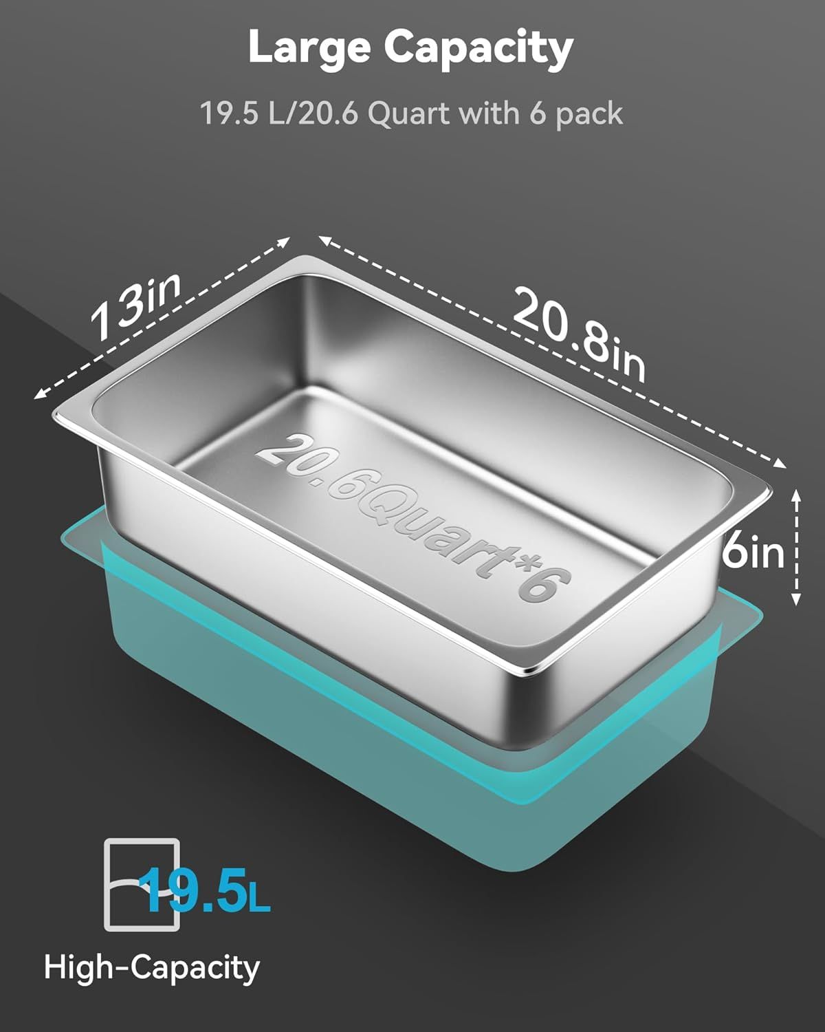 Communicates the exact physical dimensions (13in x 20.8in x 6in) and capacity (19.5L/20.6 Quart) of the food storage container to help shoppers understand the size and volume before purchase.…