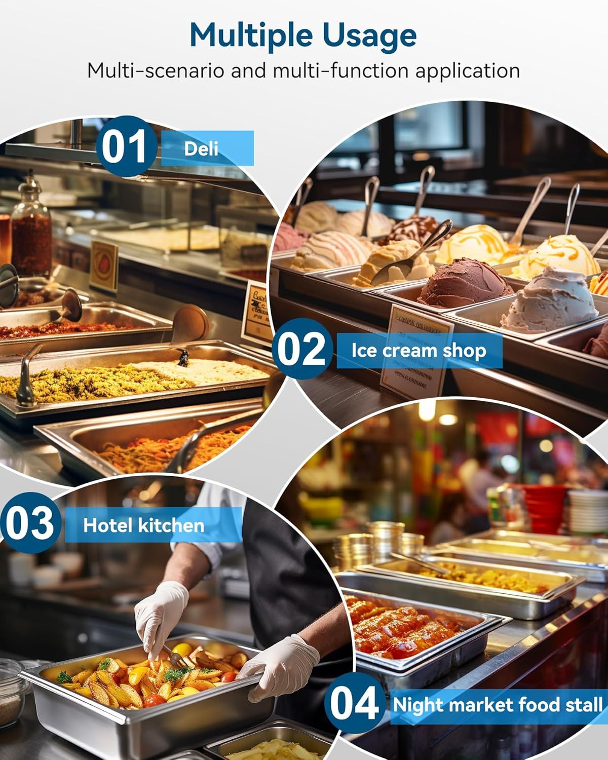 Demonstrates the product's versatility by showing it can be used effectively across multiple food service environments, from delis to ice cream shops to hotel kitchens to night markets.