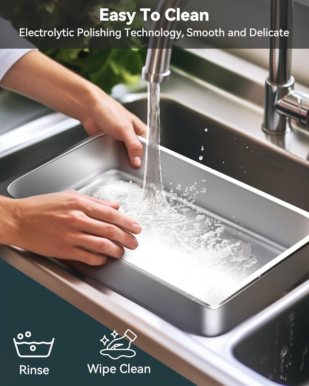 Demonstrates the simple two-step cleaning process (rinse and wipe) for the sink, reassuring shoppers that the product's smooth electrolytic polishing technology makes maintenance effortless.…