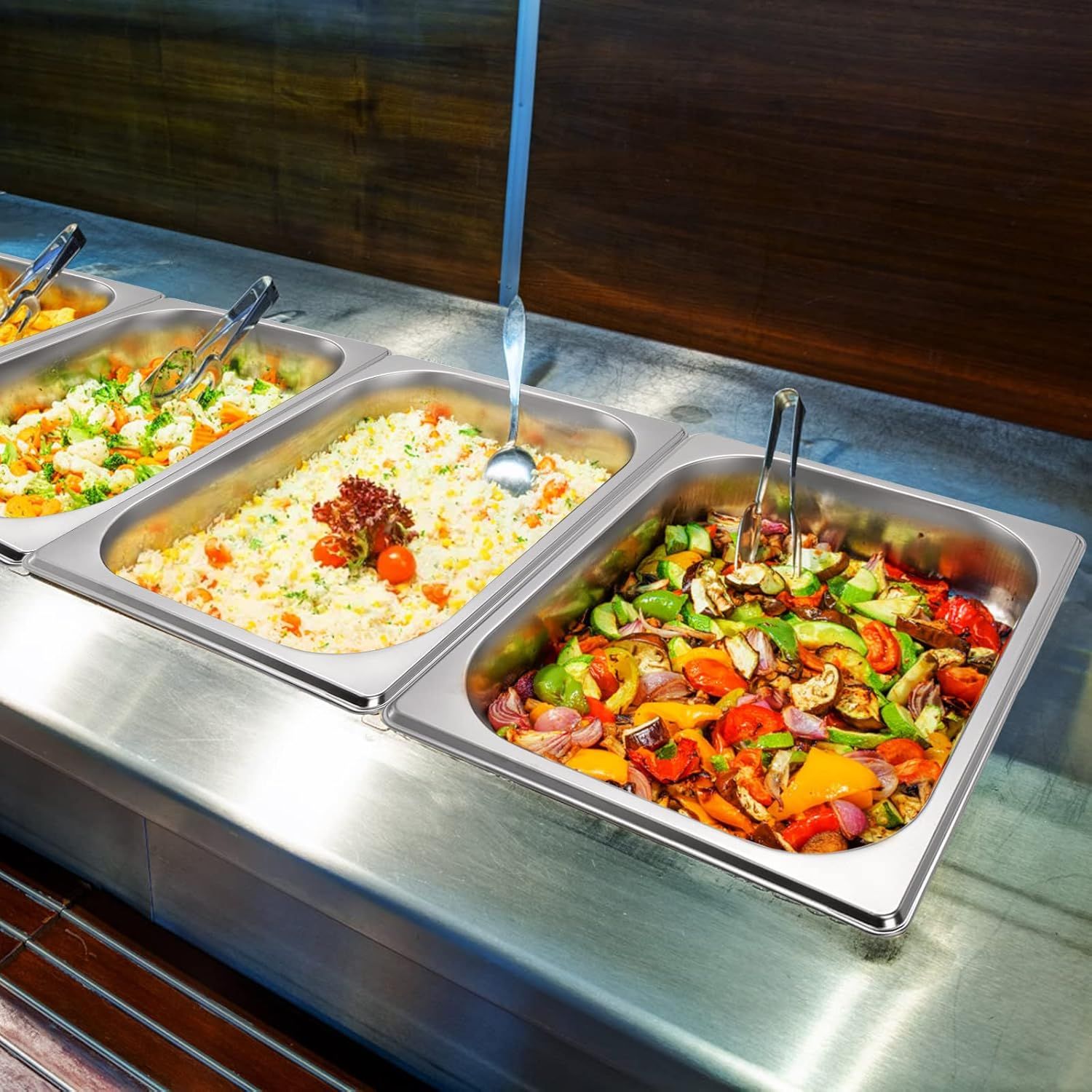 Demonstrates the product in a real-world buffet or catering context, showing how the food warmer holds multiple dishes with serving utensils in an attractive,…
