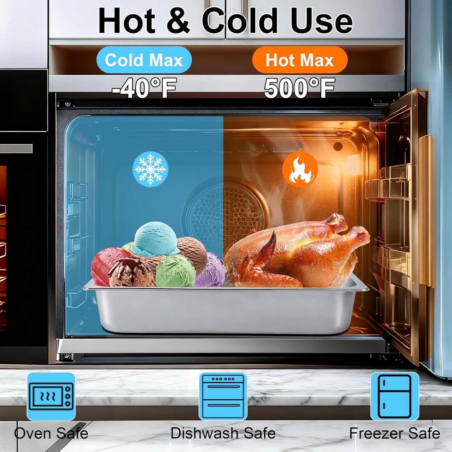 Communicates the product's versatility by showing it can handle extreme temperatures from -40°F to 500°F and is safe for use in ovens, dishwashers, and freezers.