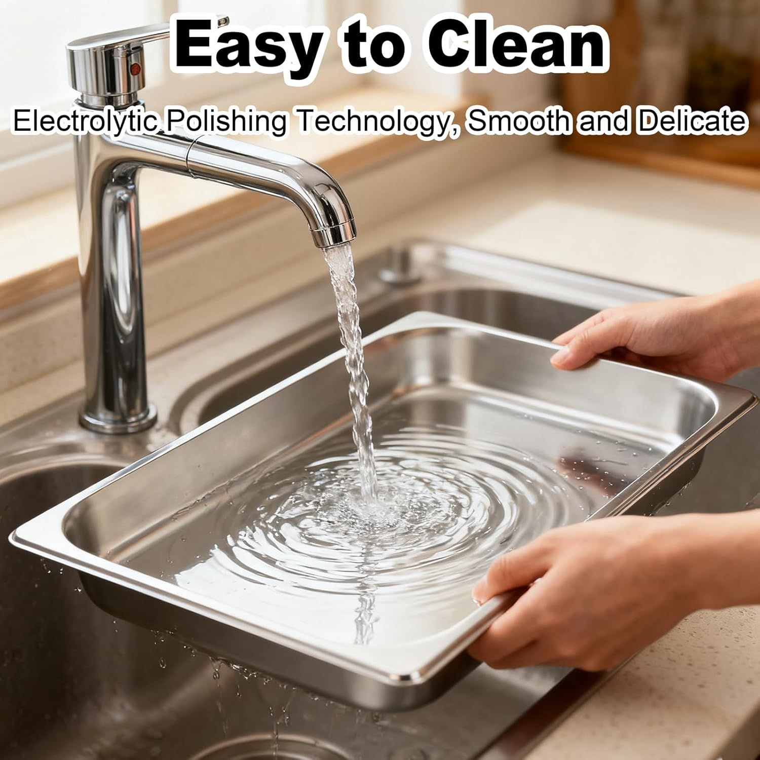 Communicates that the product (sink or faucet) is easy to clean due to its smooth, polished surface technology, reassuring shoppers about low maintenance.