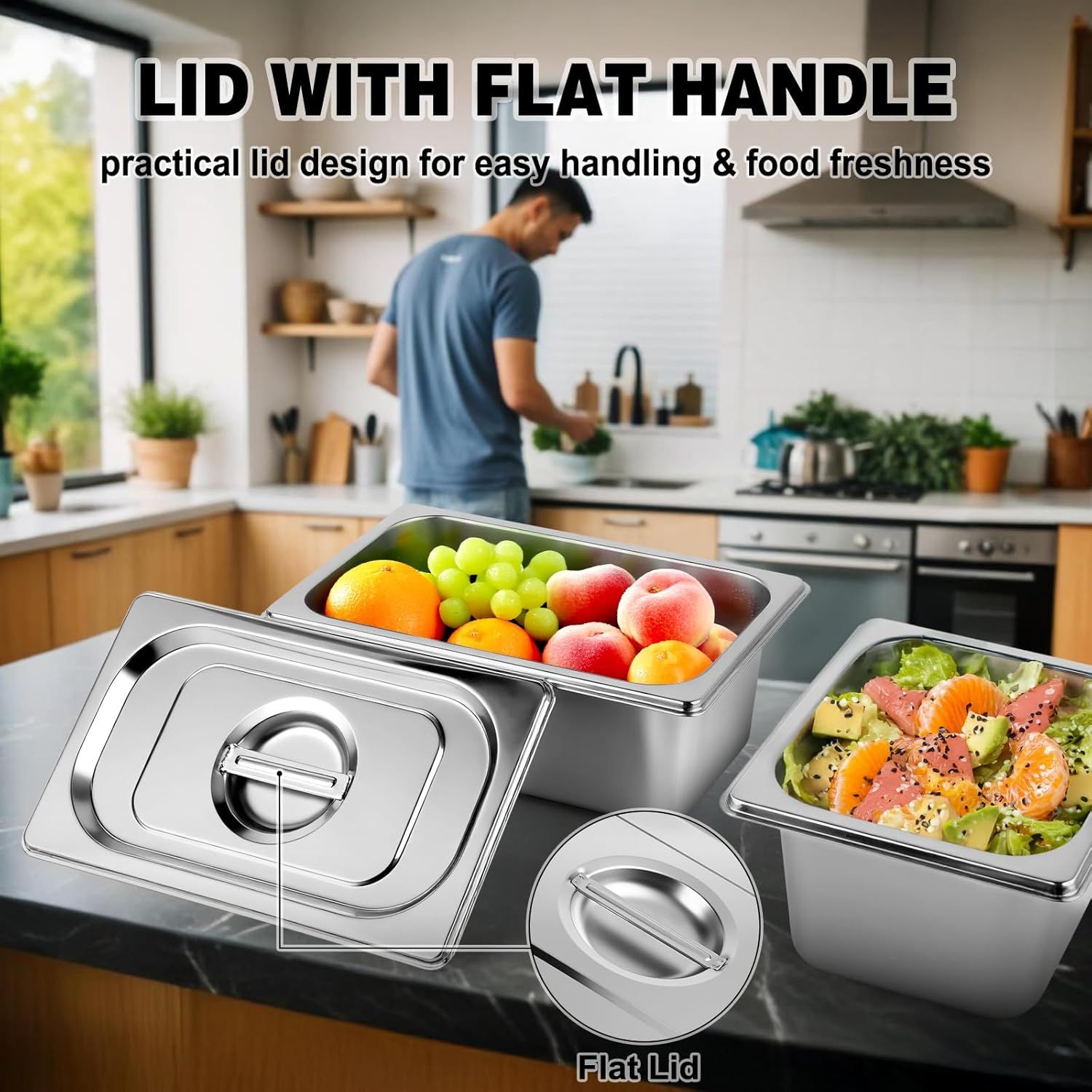 Highlights the flat handle lid design feature to communicate easy handling and food freshness benefits to shoppers. Communicates the practical benefit of the flat handle lid design for convenient…