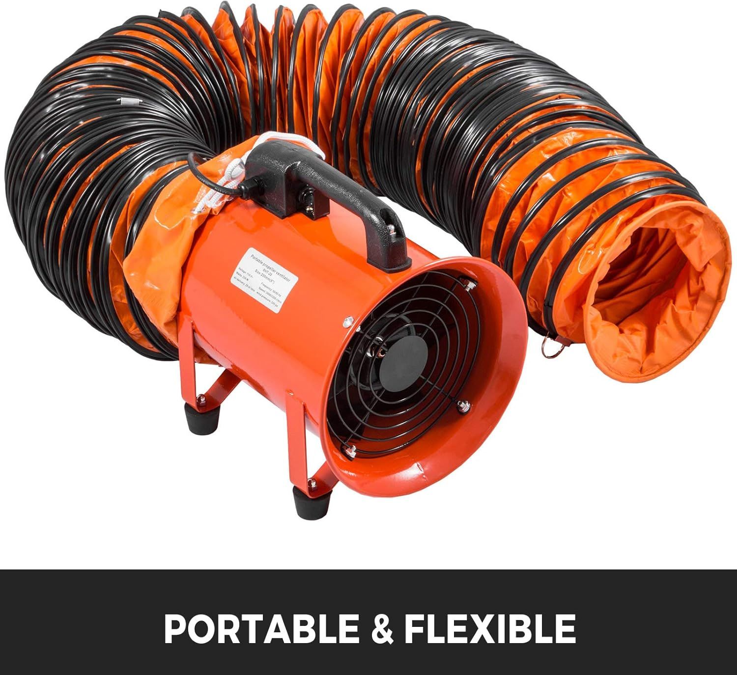 Communicates that the ventilation fan is easy to move and features a flexible duct hose for versatile positioning and airflow direction.