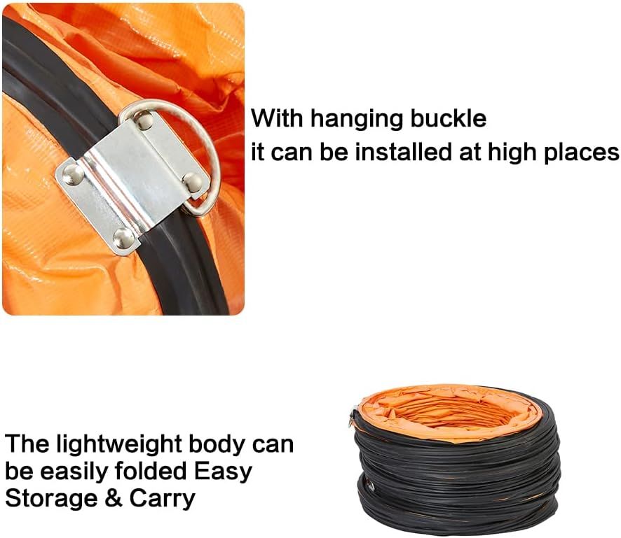 Communicates two distinct product benefits: the hanging buckle feature that enables high-place installation, and the lightweight foldable design that makes…