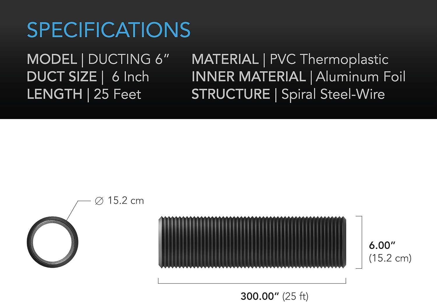 Communicates the exact physical dimensions of the ducting product (6-inch diameter, 25 feet length) to help shoppers confirm it fits their installation needs.…