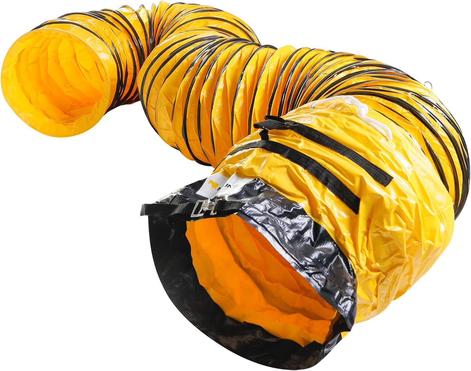 Shows the complete product—a flexible yellow ducting hose with black spiral reinforcement—alongside its black storage bag, giving shoppers a clear view of…
