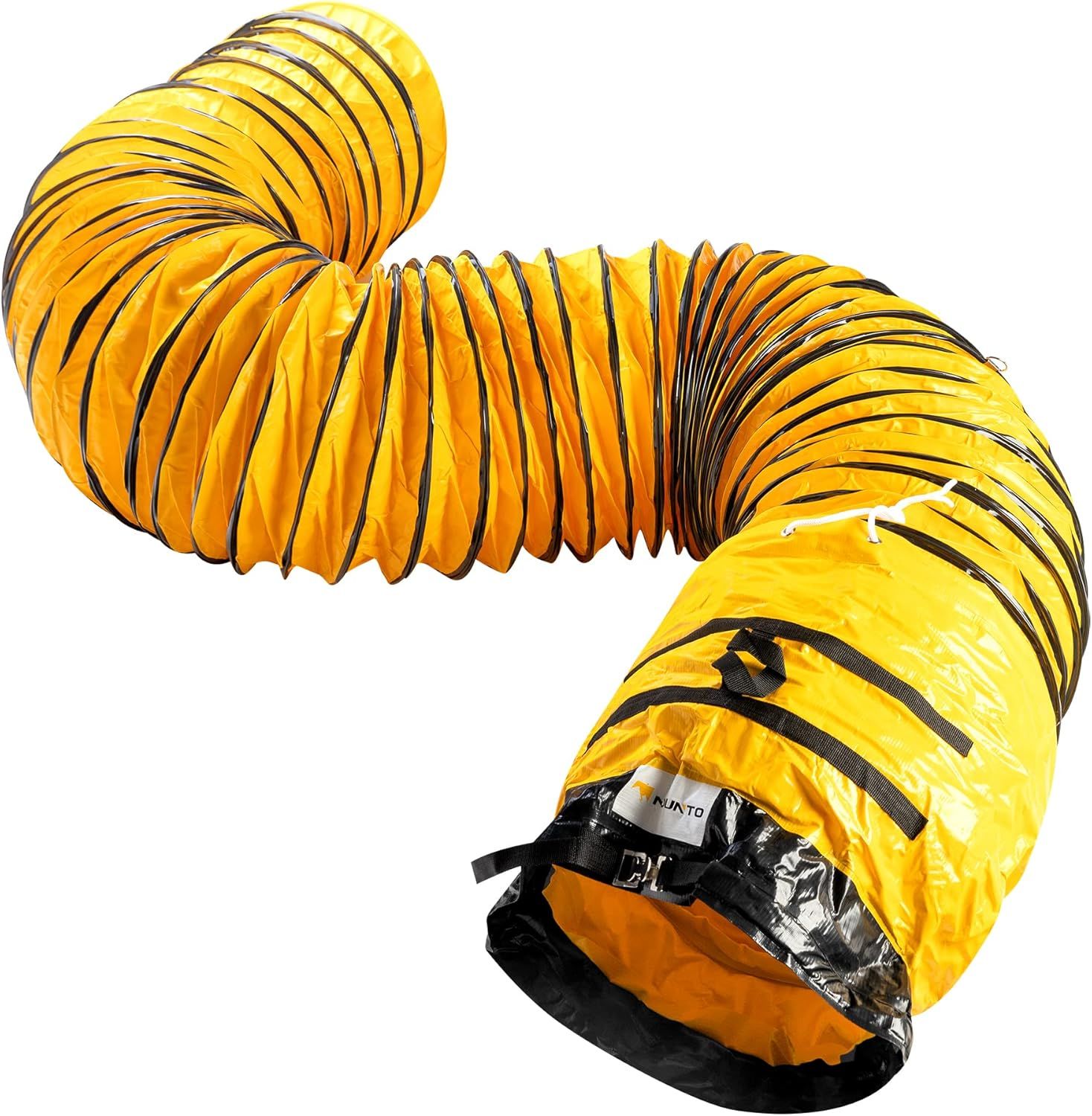 Displays the flexible yellow ventilation duct product on a clean white background to show its physical appearance, construction, and flexibility without…