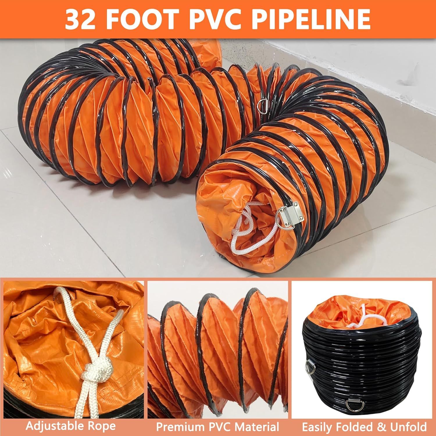 Communicates multiple key benefits of the 32-foot PVC pipeline including its adjustable rope feature, premium material construction, and convenient…