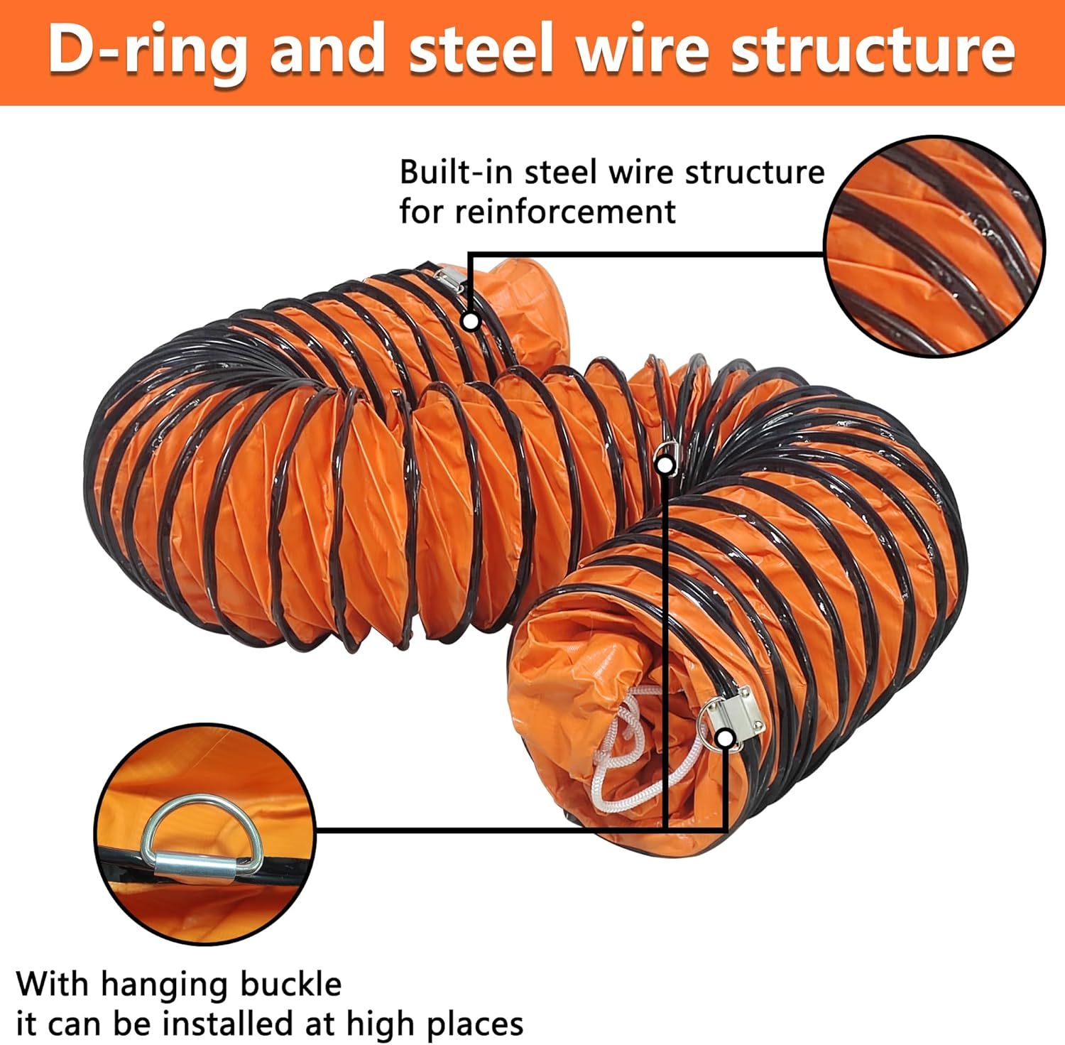 This image breaks down the physical components of the flexible duct to show shoppers its durable construction features, including the steel wire reinforcement…