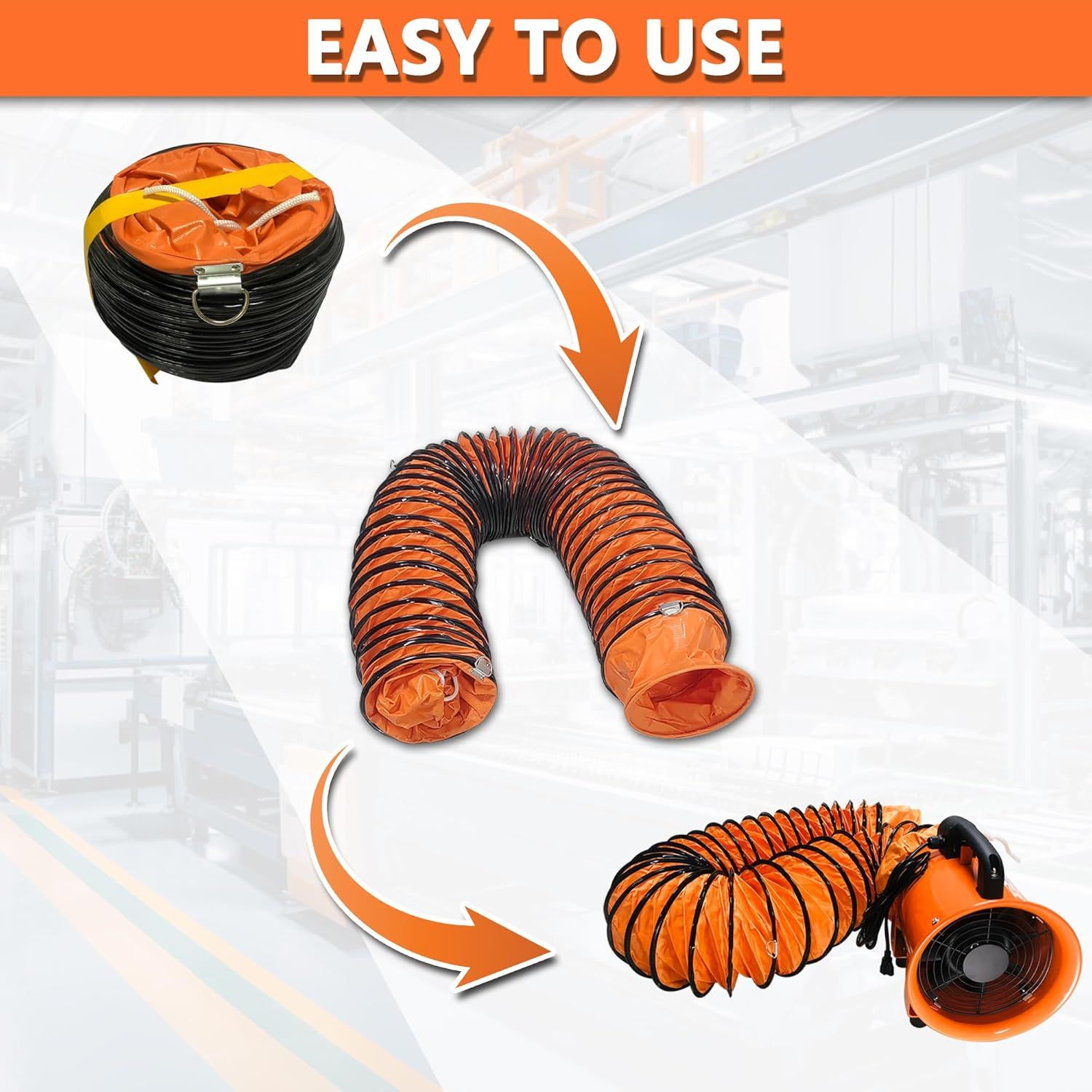 Demonstrates the simple 3-step process of uncoiling and extending the flexible duct hose from its compact storage form to its fully extended operational…