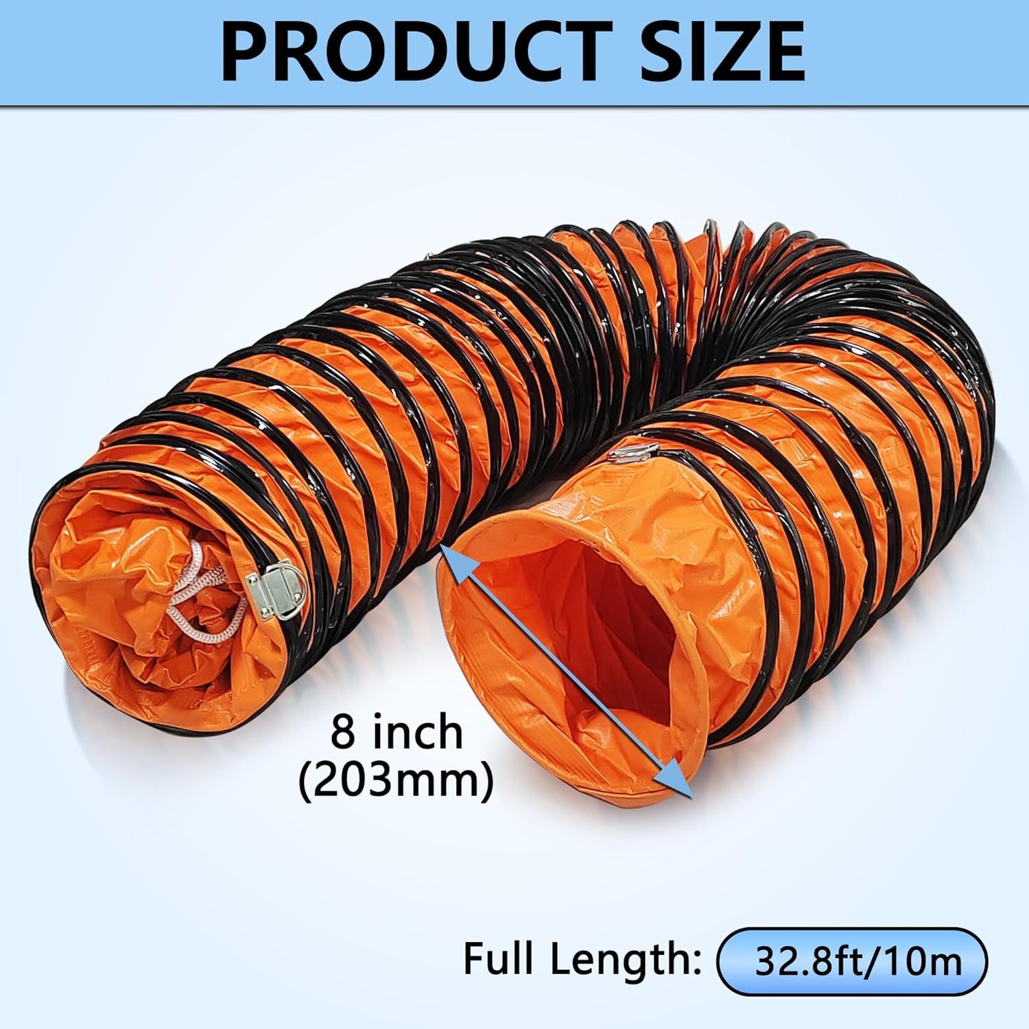 Communicates the physical dimensions of the flexible duct to help shoppers understand the exact size (8-inch diameter, 32.8ft length) and ensure it fits their…